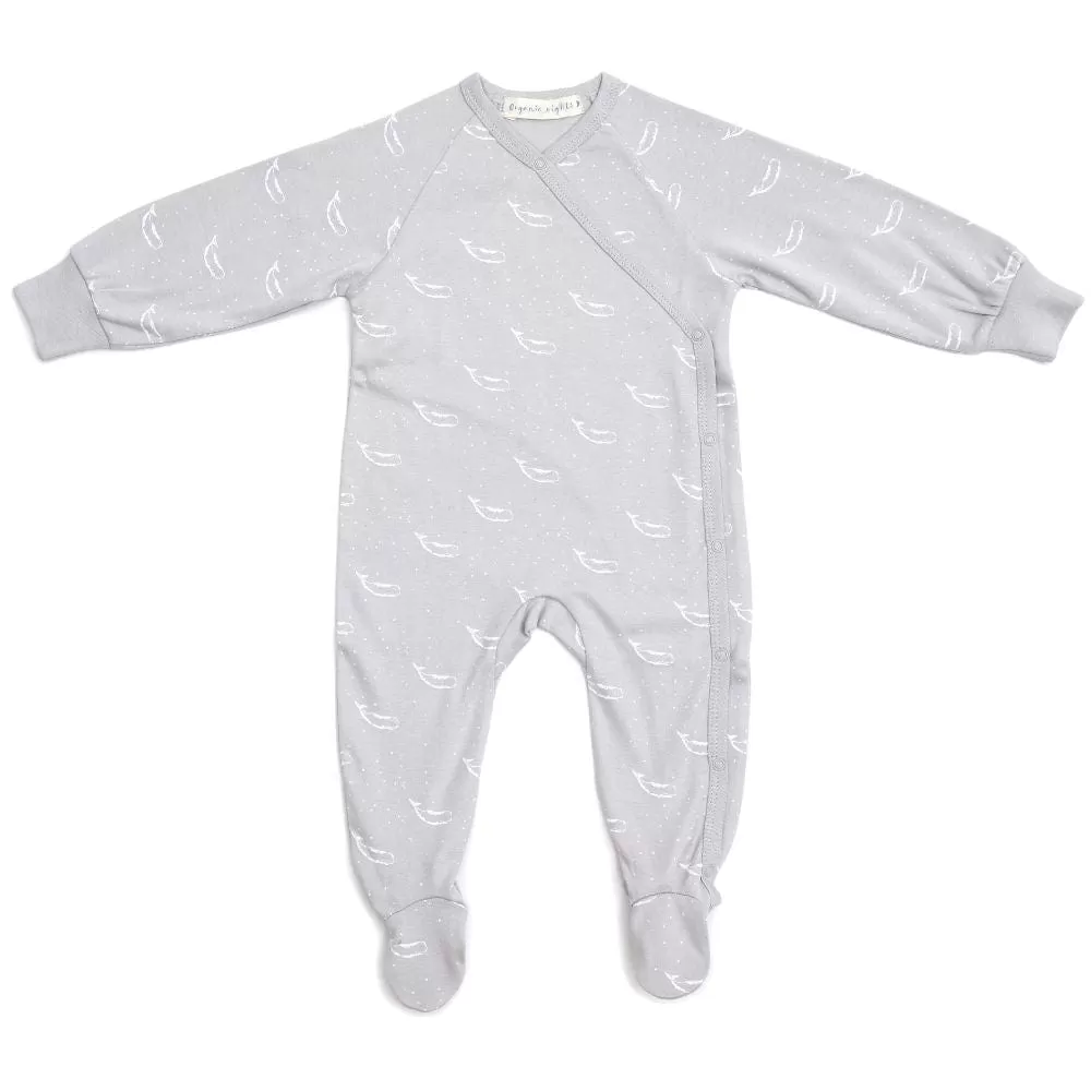 100% Organic Cotton Crossover Baby Sleepsuit with Feet - Grey Tiny Whales