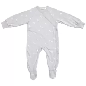 100% Organic Cotton Crossover Baby Sleepsuit with Feet - Grey Tiny Whales