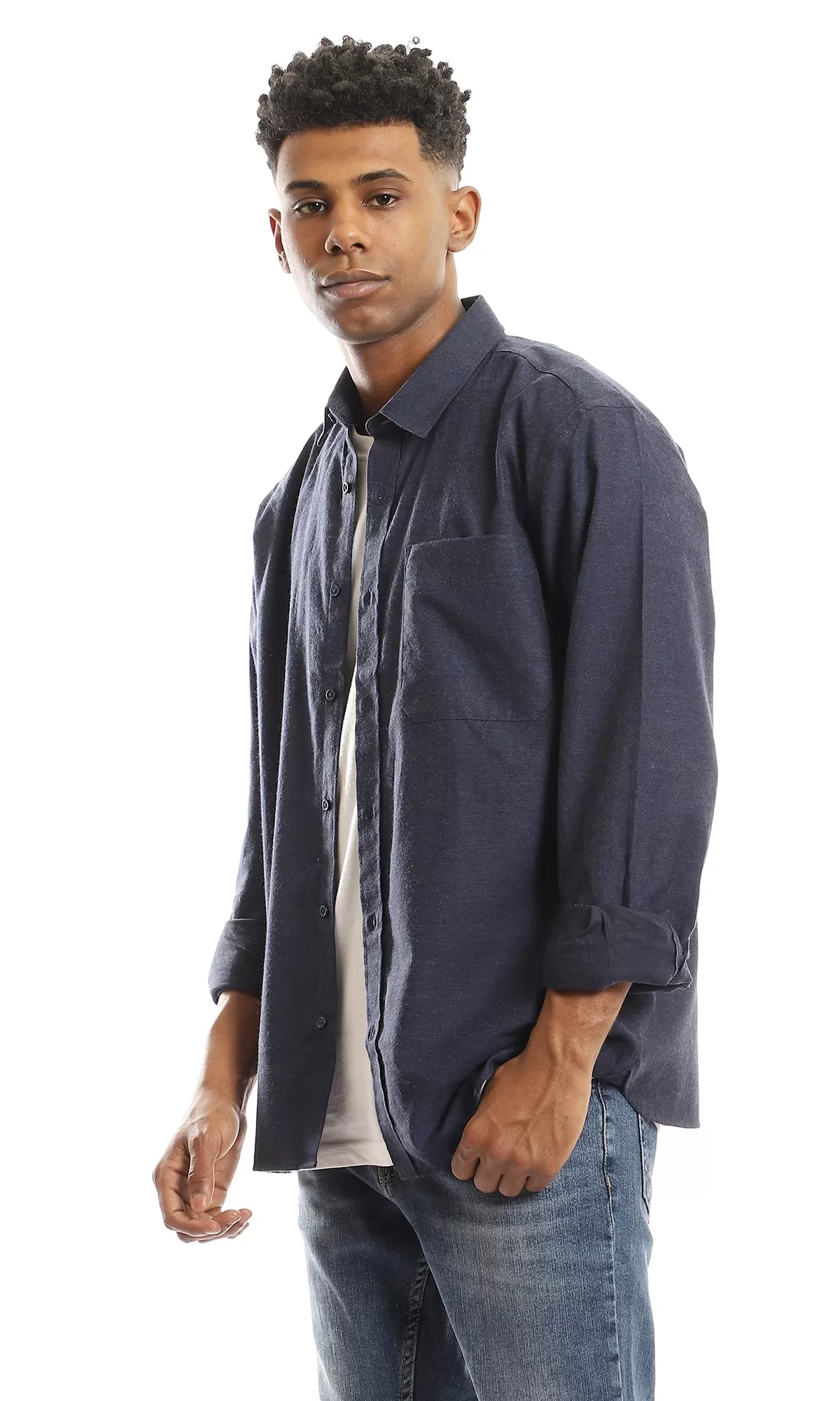 98182 Simple Full Buttoned Navy Blue Shirt