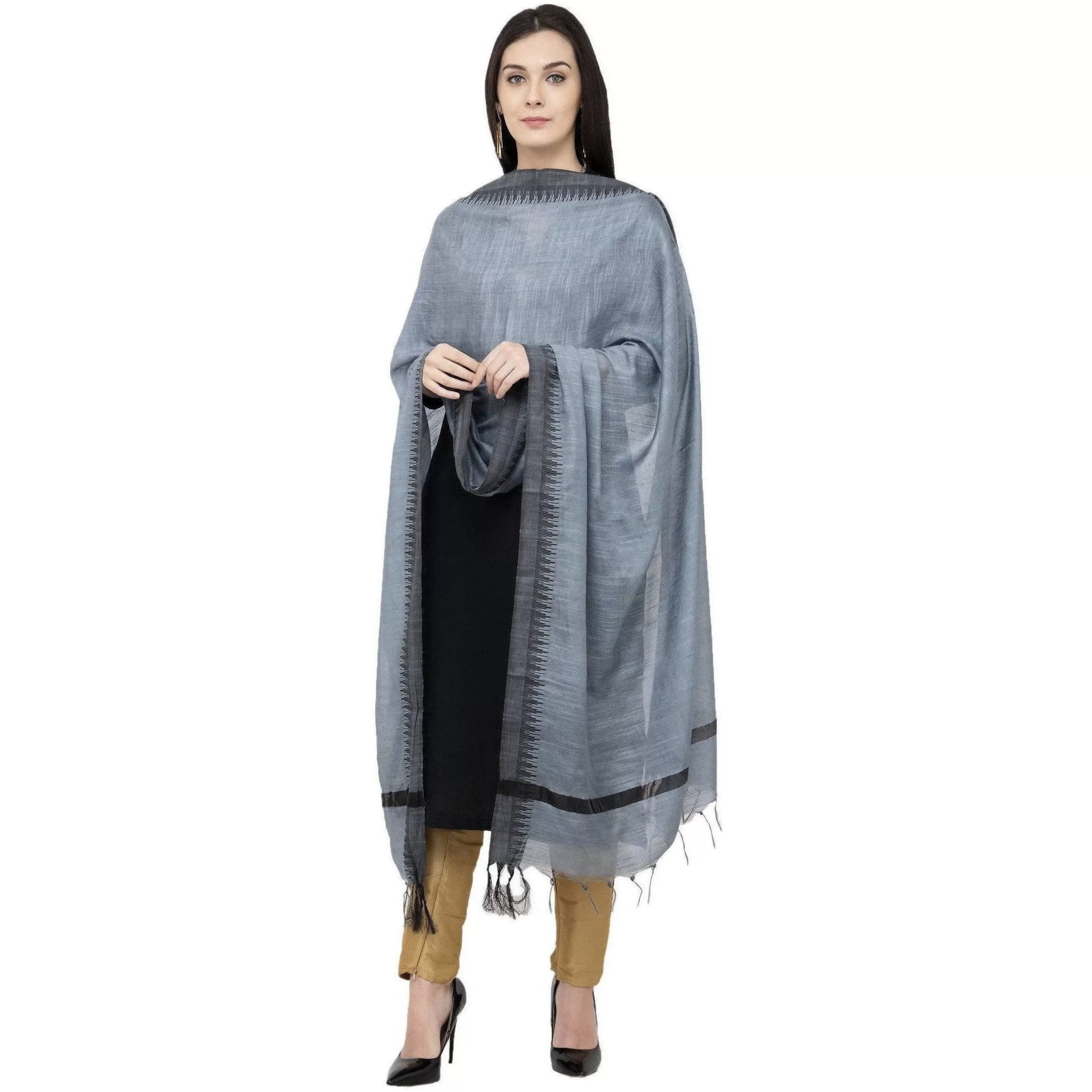 A R Silk Black Temple border Regular Dupatta Color Gray Dupatta or Chunni