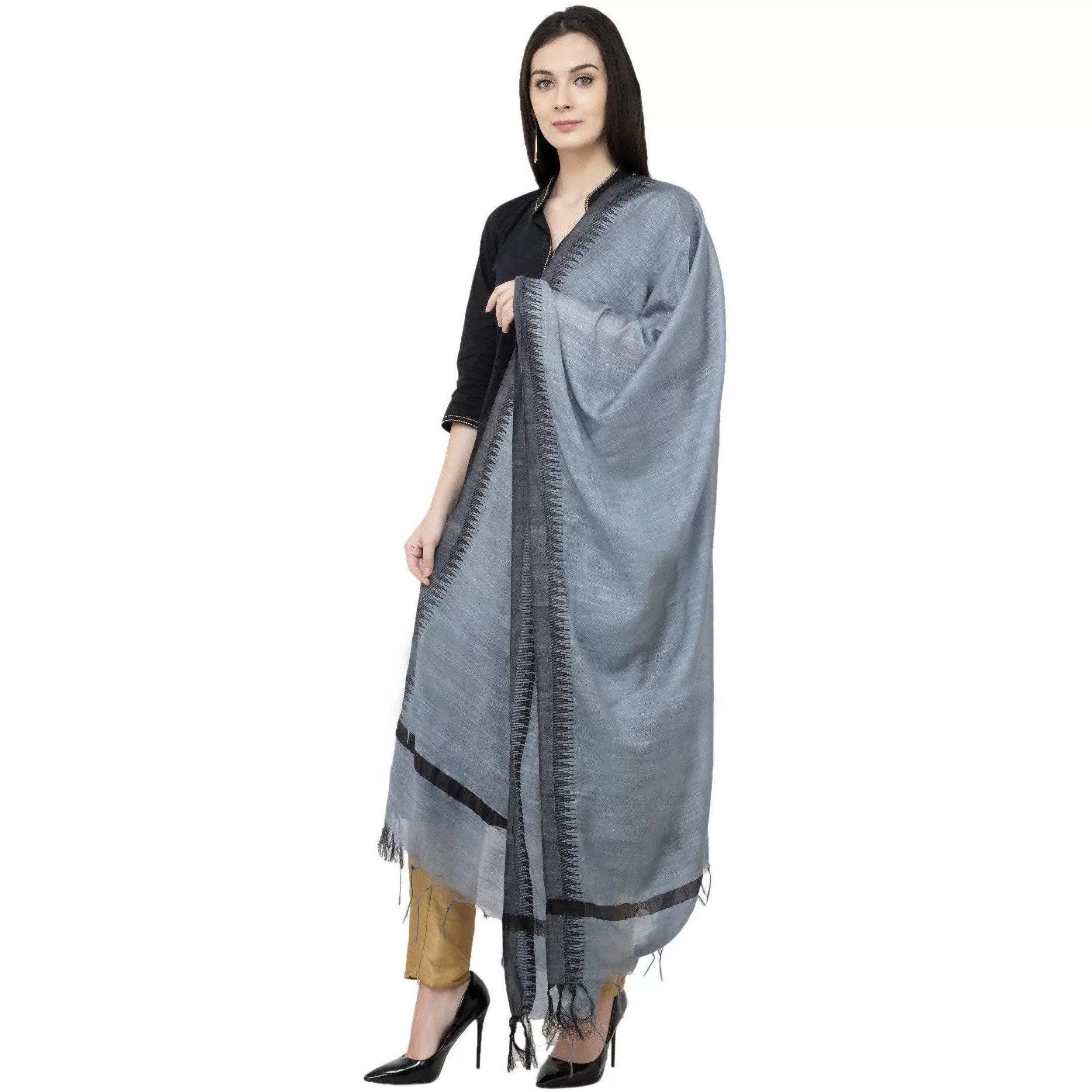 A R Silk Black Temple border Regular Dupatta Color Gray Dupatta or Chunni