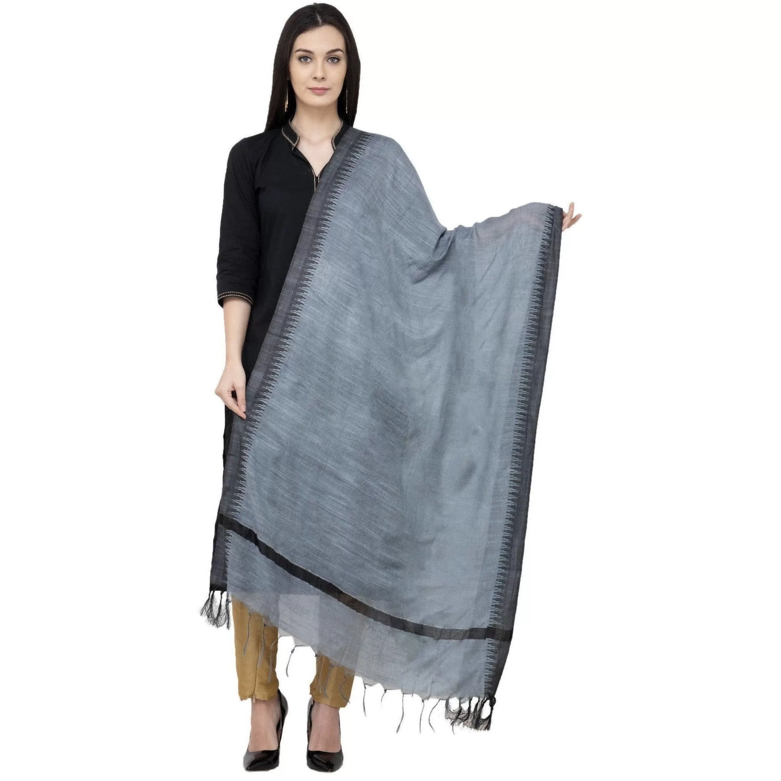 A R Silk Black Temple border Regular Dupatta Color Gray Dupatta or Chunni