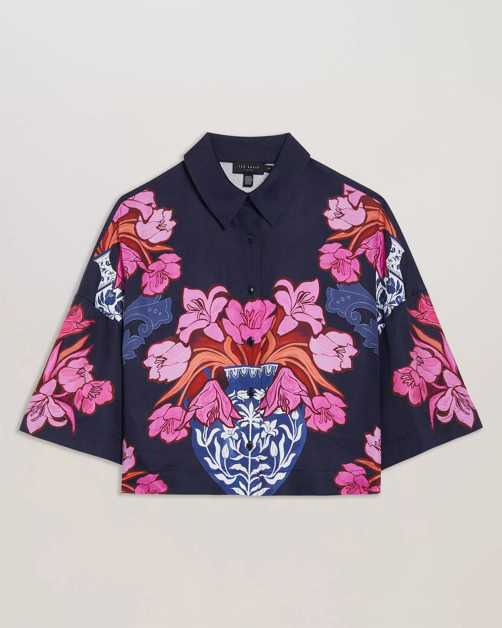 Akaii Short Sleeve Printed Boxy Cropped Shirt Navy