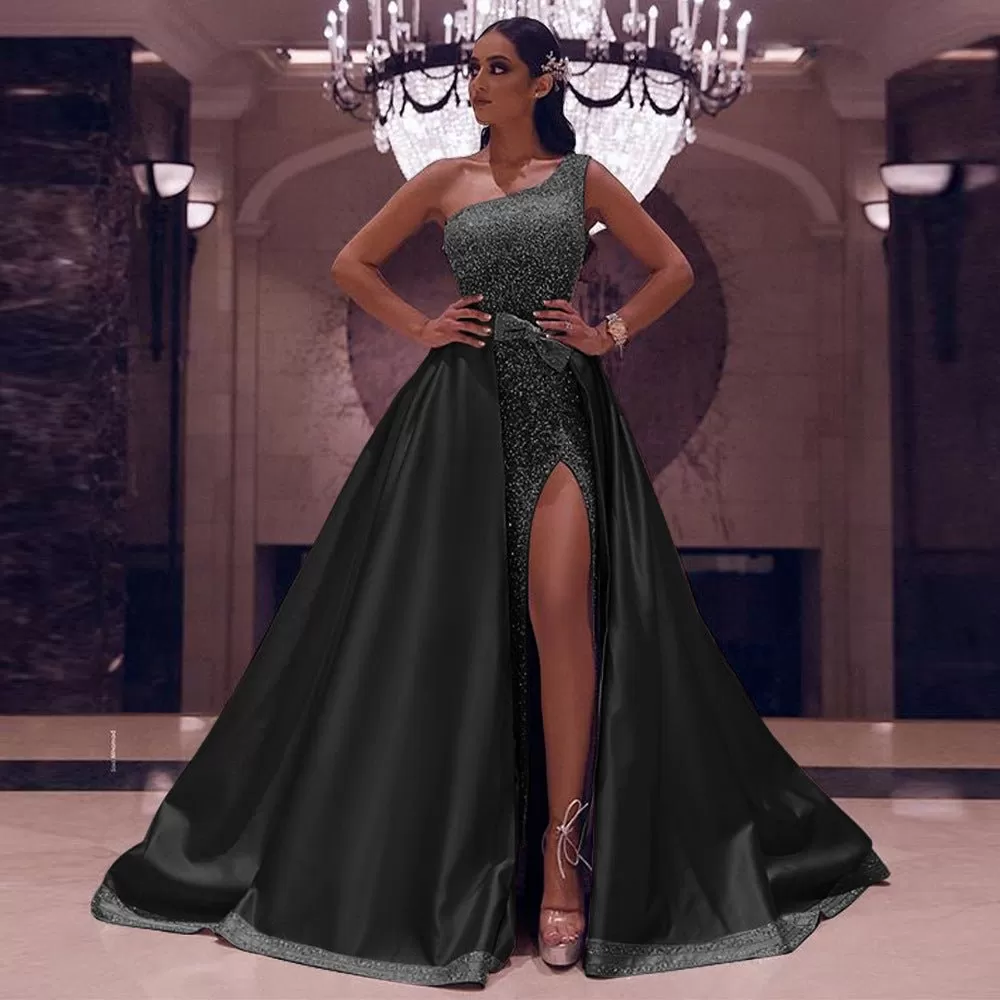 Asymmetrical Off the Shoulder Gown with Dramatic Skirt