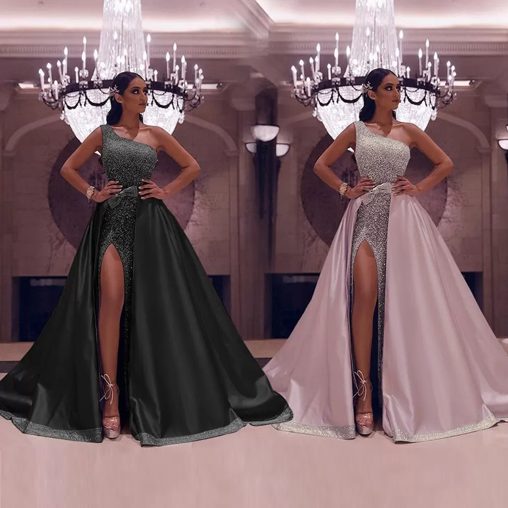 Asymmetrical Off the Shoulder Gown with Dramatic Skirt