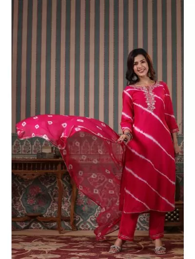 Bandanhi Rayon Kurta Pant with Dupatta Set of 3