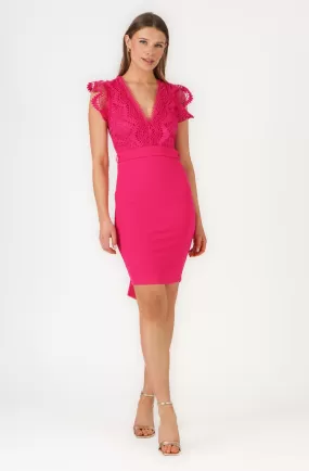 Belted Fitted Dress with Embroidered Lace