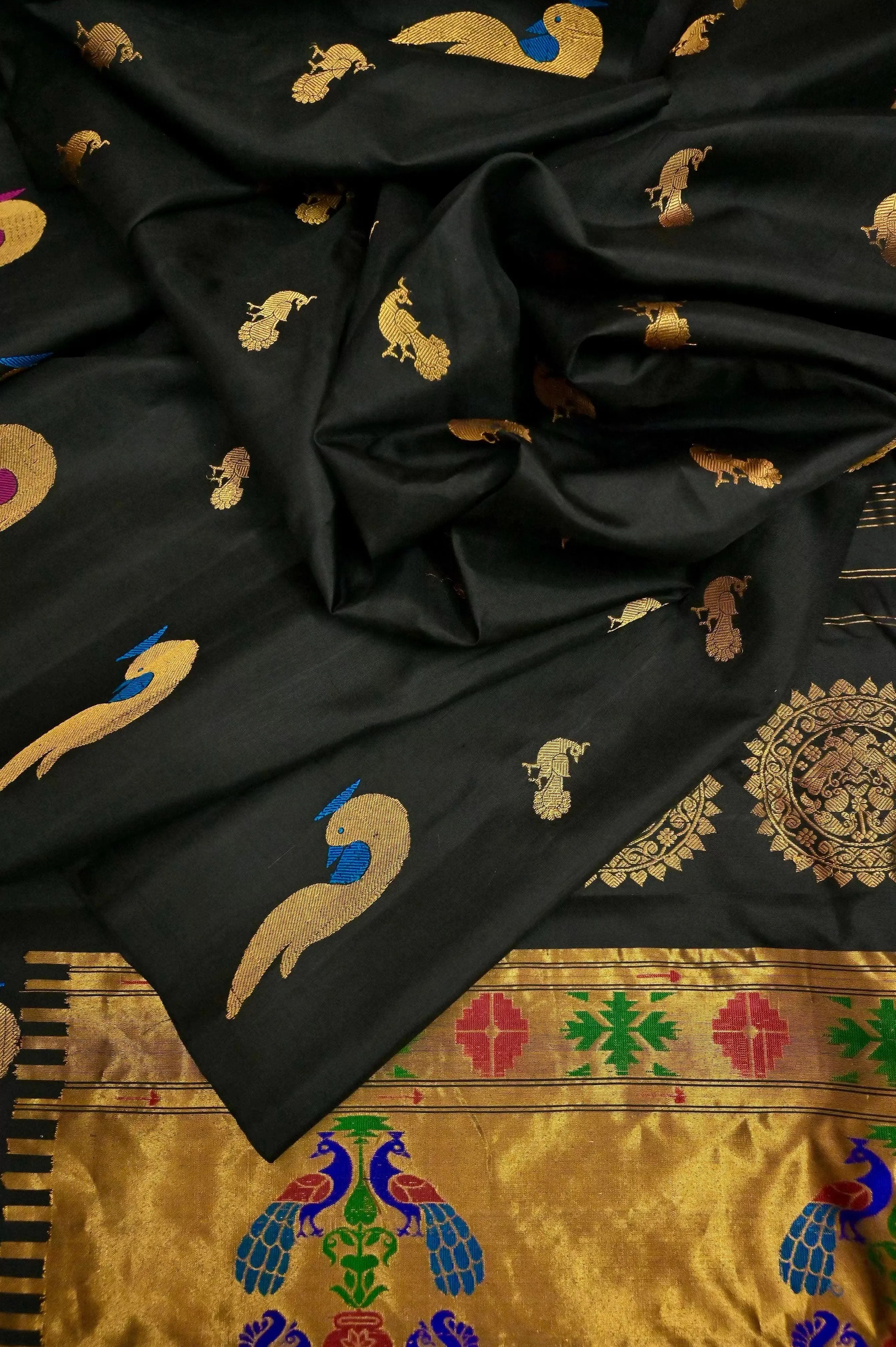 Black Color Gadwal Silk Saree with Paithani Design