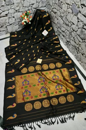 Black Color Gadwal Silk Saree with Paithani Design