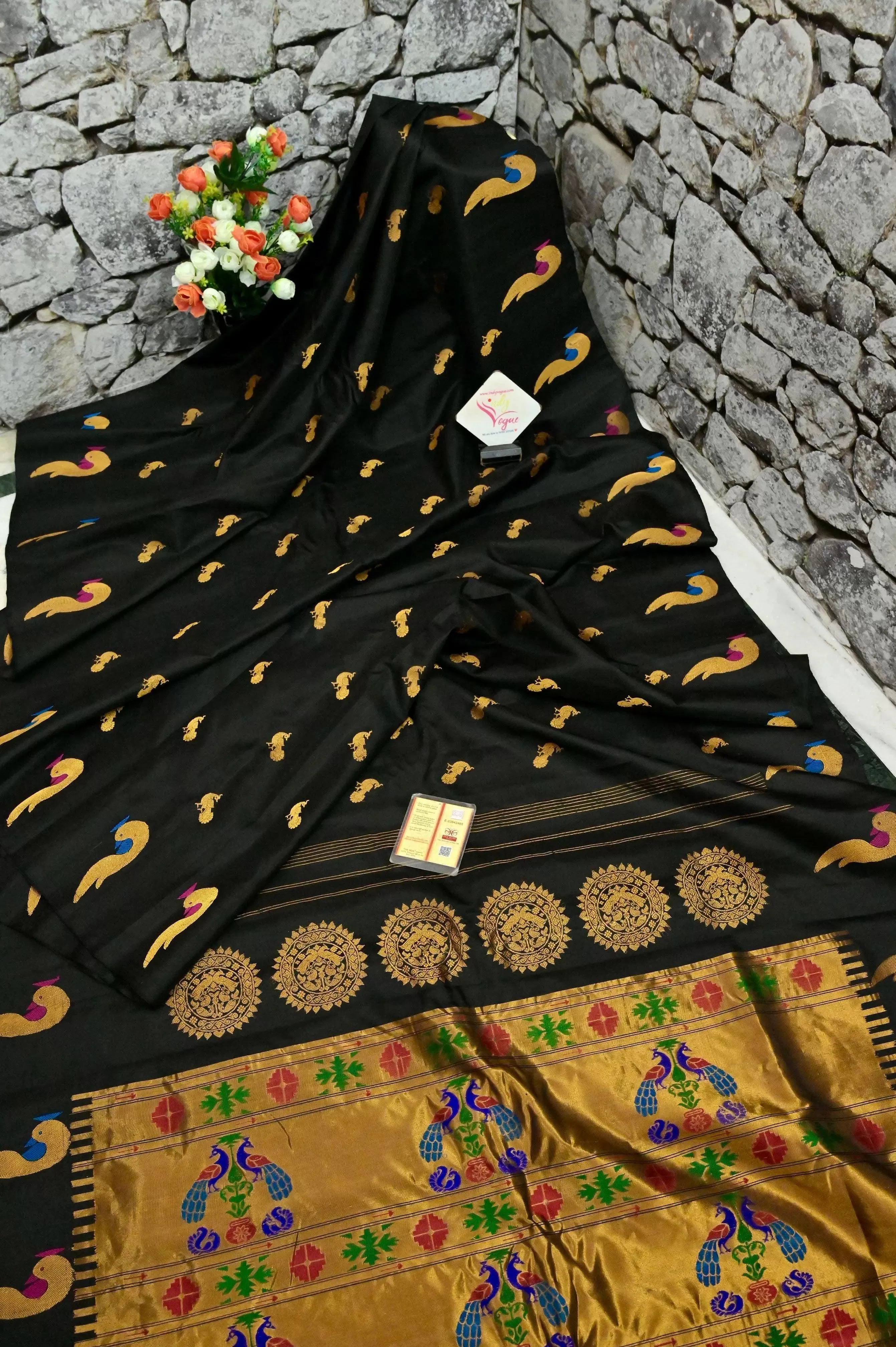 Black Color Gadwal Silk Saree with Paithani Design