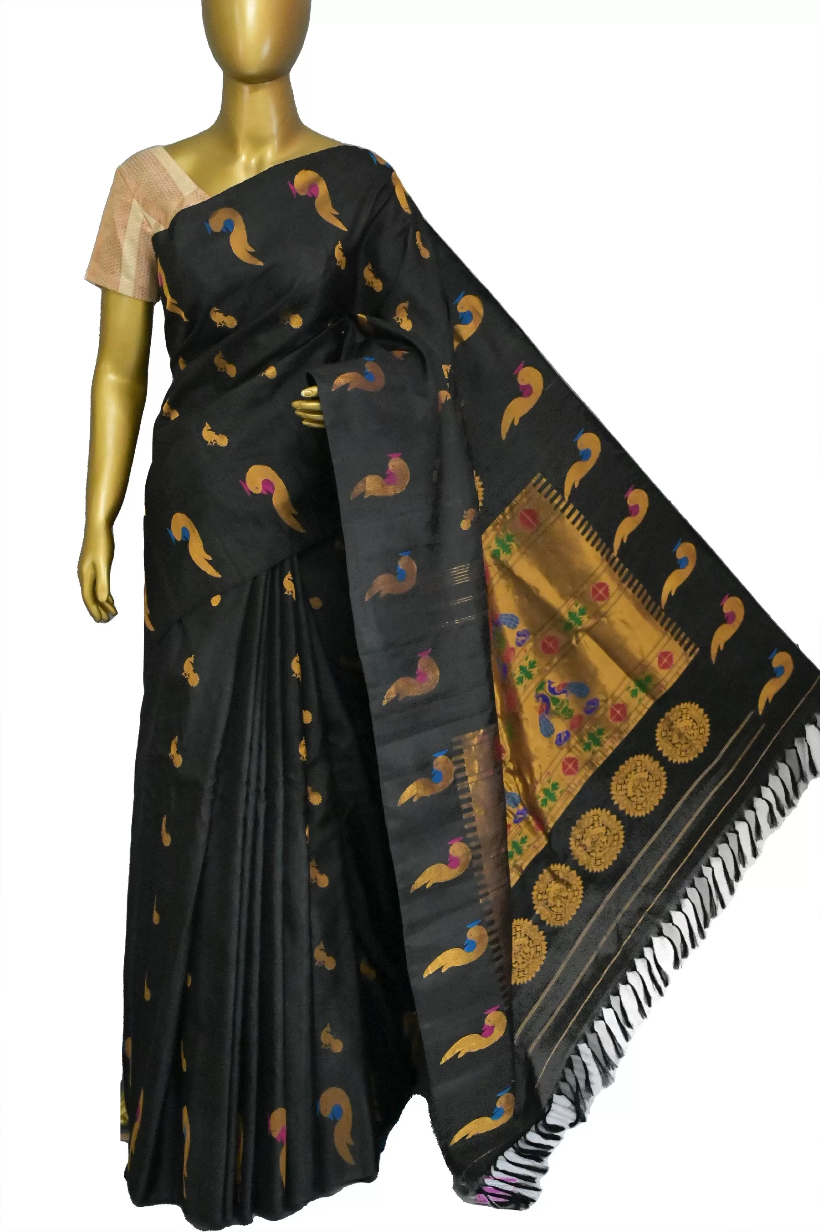 Black Color Gadwal Silk Saree with Paithani Design