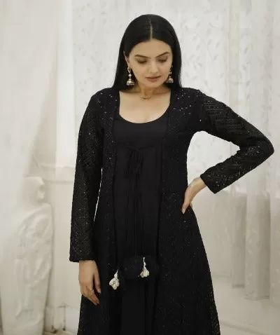 Black Rayon Long Gown With Georgette Crochet Work Shrug