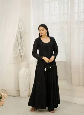 Black Rayon Long Gown With Georgette Crochet Work Shrug