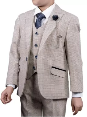 Cavani Caridi Cream Boys 3 Piece Slim Fit Check Suit