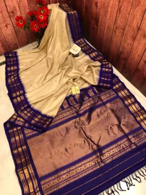 Cream and Indigo Blue Color Pure Gadwal Silk Saree