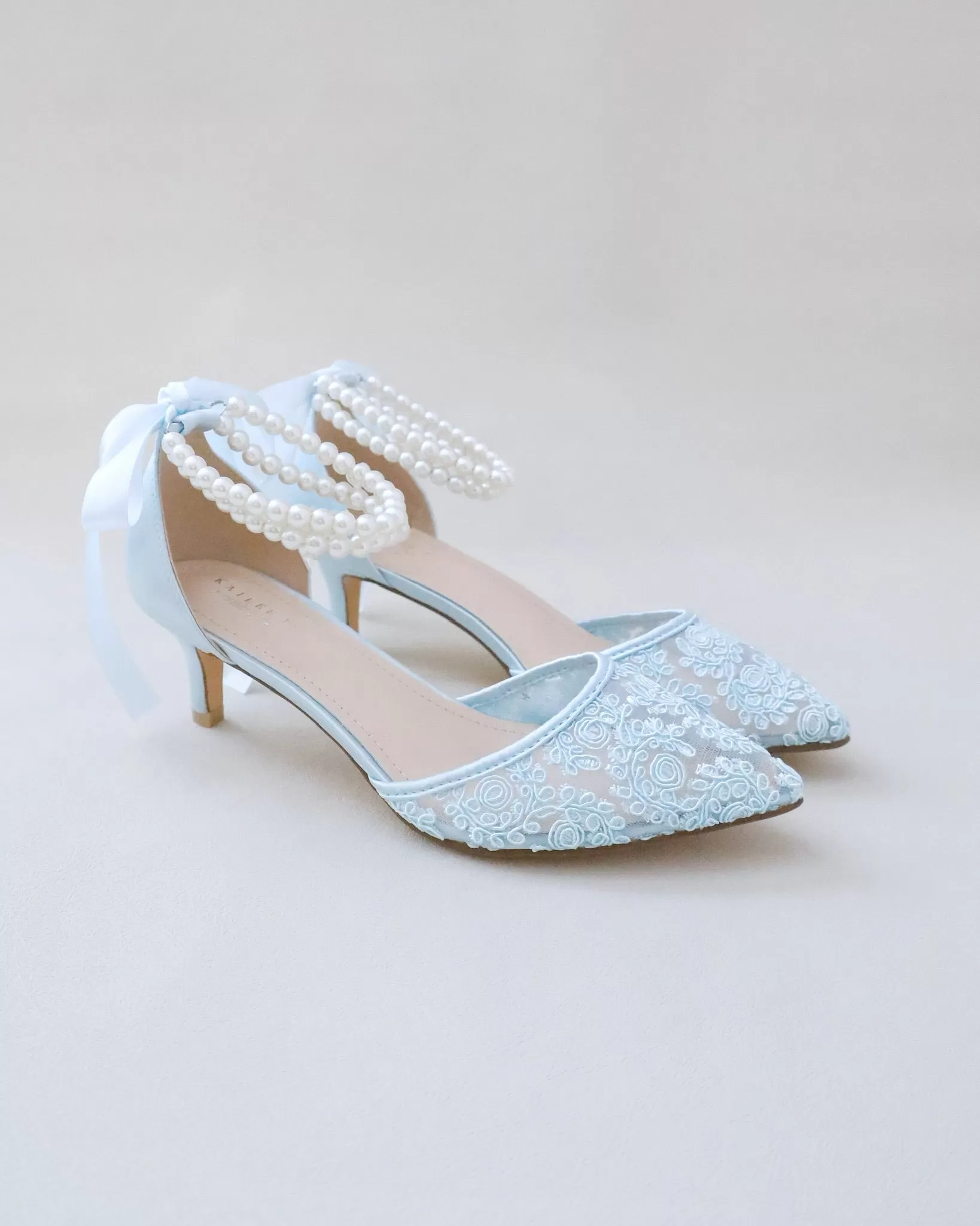 Crochet Lace Pointy Toe Wedding Low Heels with Double Pearl Strap