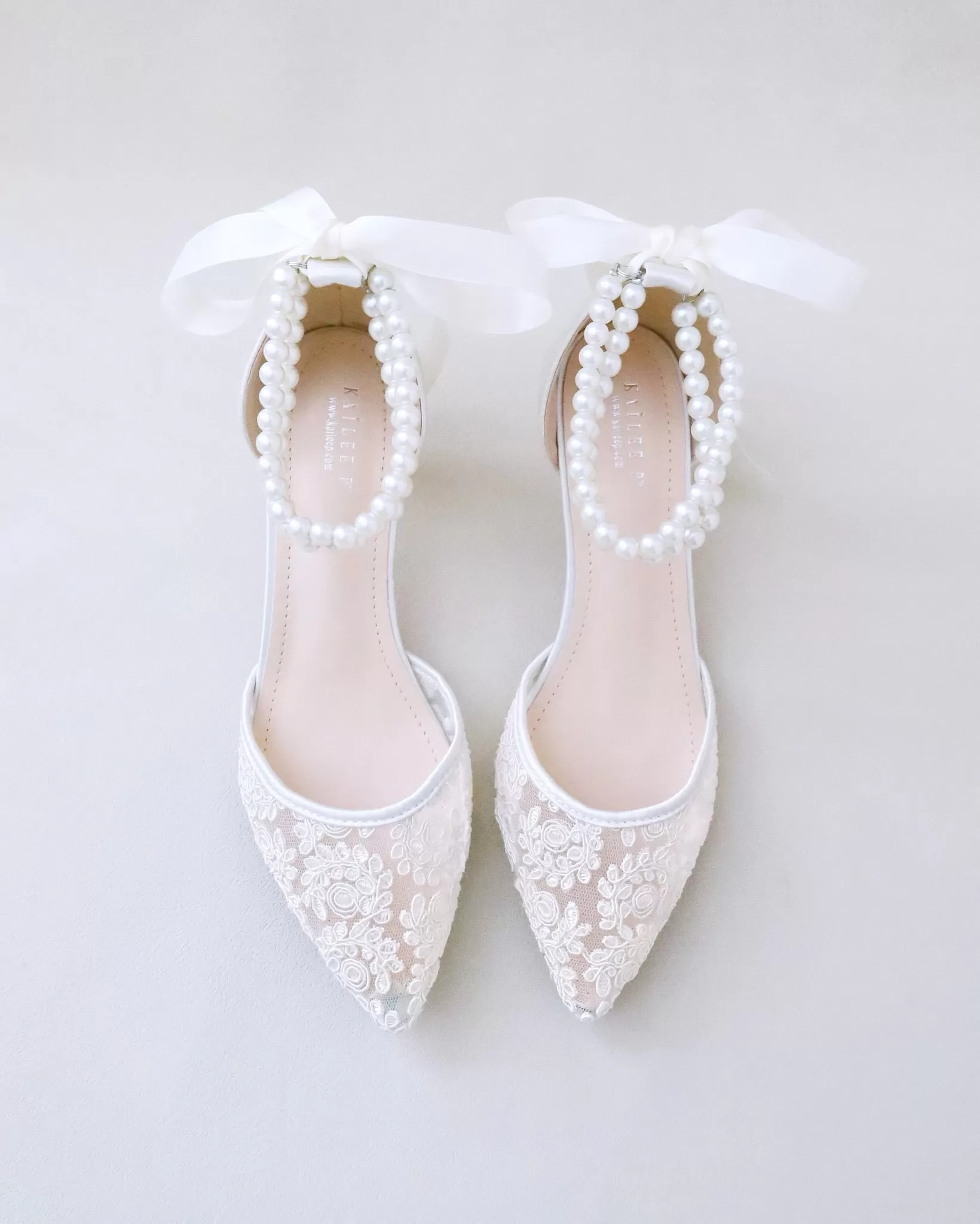 Crochet Lace Pointy Toe Wedding Low Heels with Double Pearl Strap