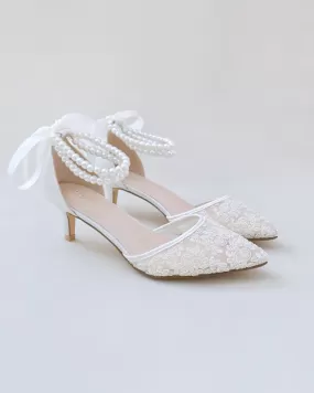 Crochet Lace Pointy Toe Wedding Low Heels with Double Pearl Strap