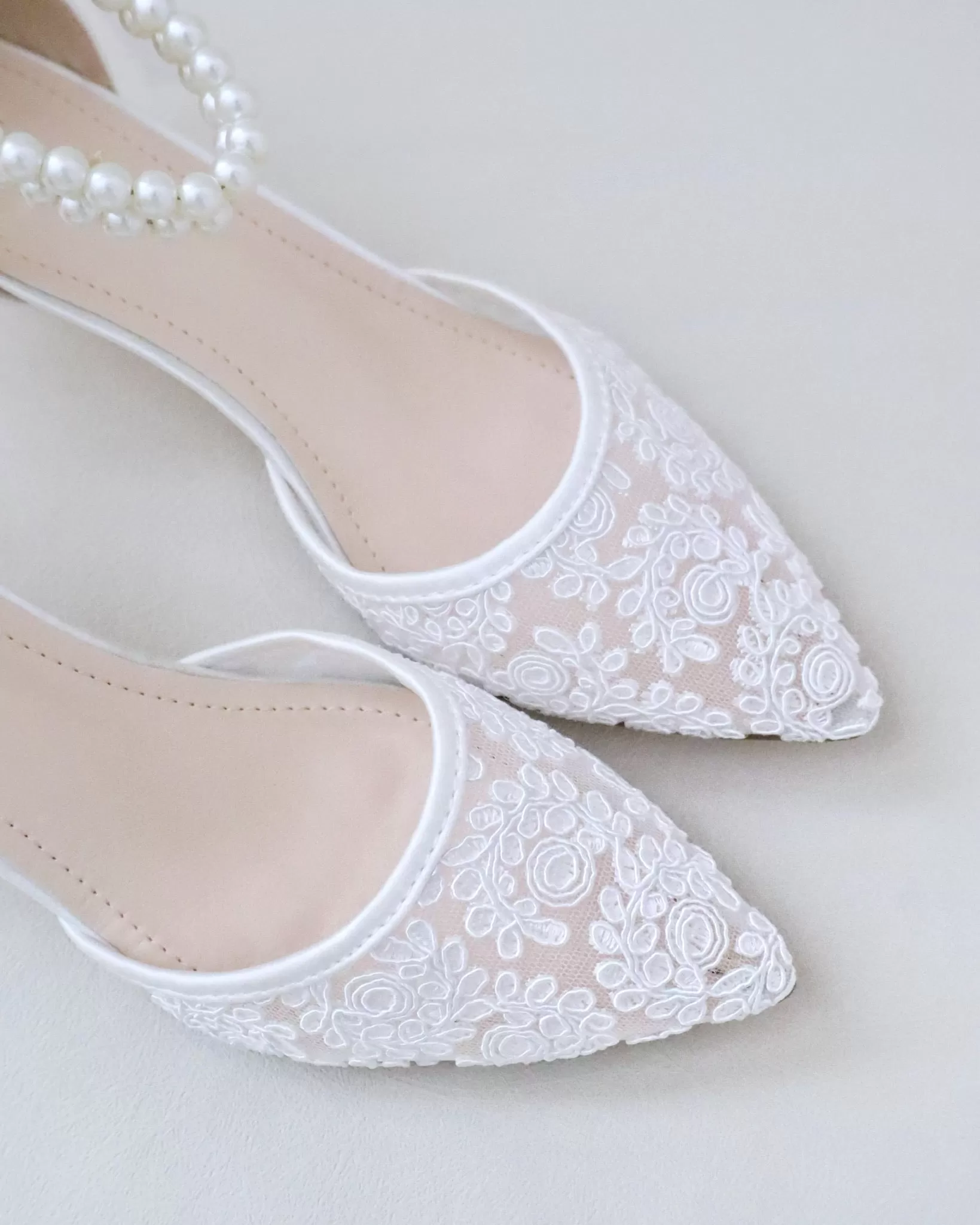 Crochet Lace Pointy Toe Wedding Low Heels with Double Pearl Strap