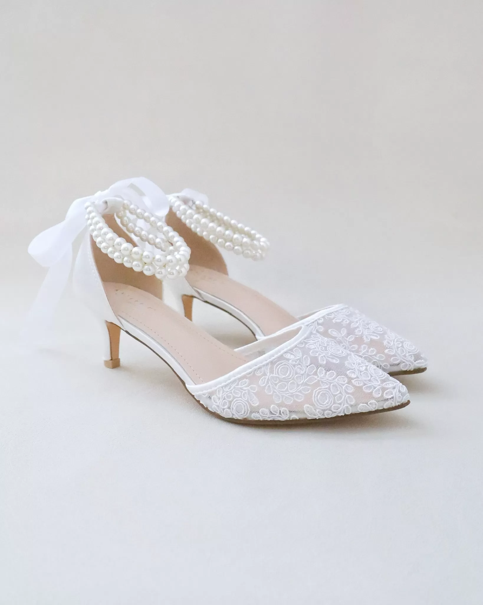 Crochet Lace Pointy Toe Wedding Low Heels with Double Pearl Strap