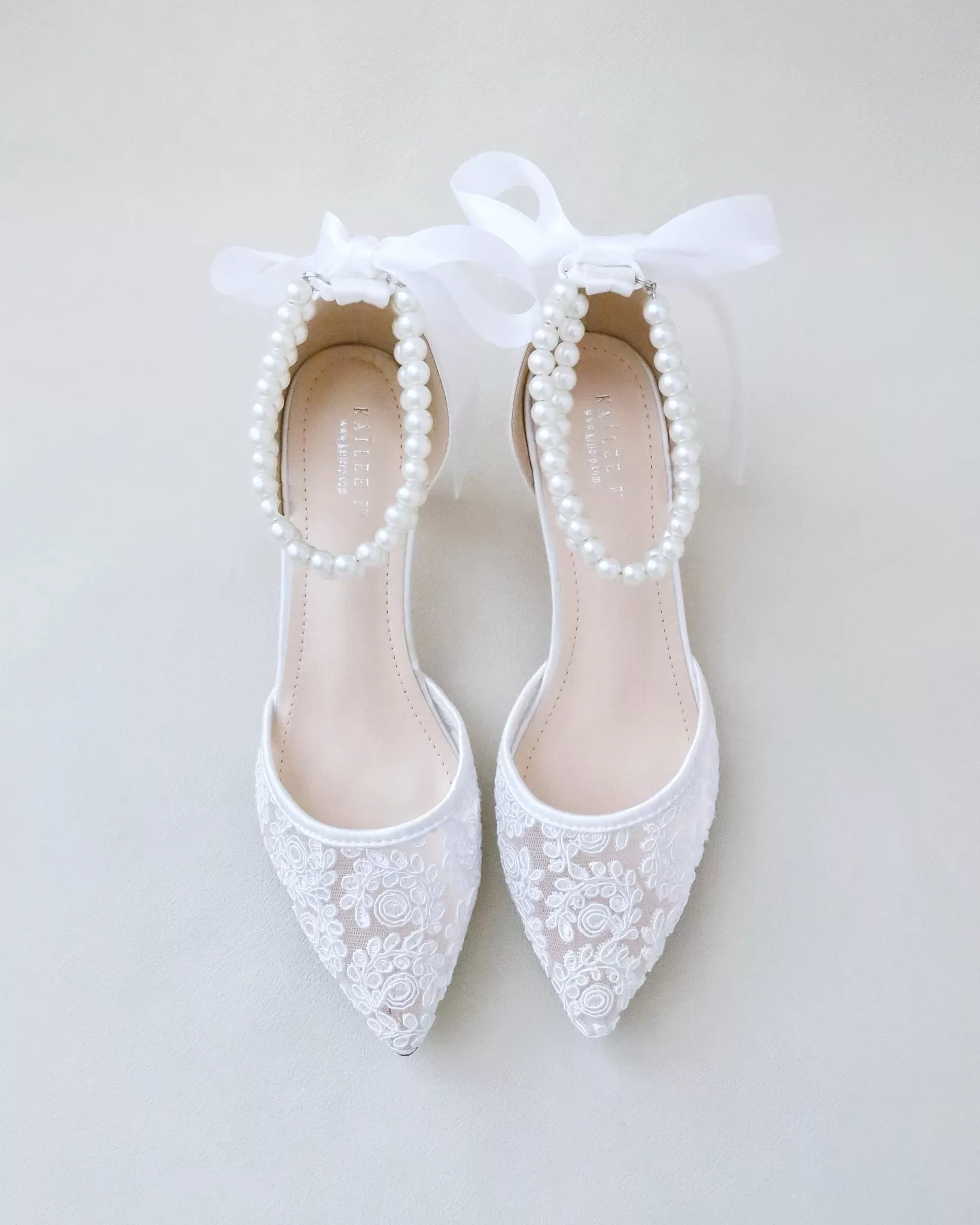 Crochet Lace Pointy Toe Wedding Low Heels with Double Pearl Strap