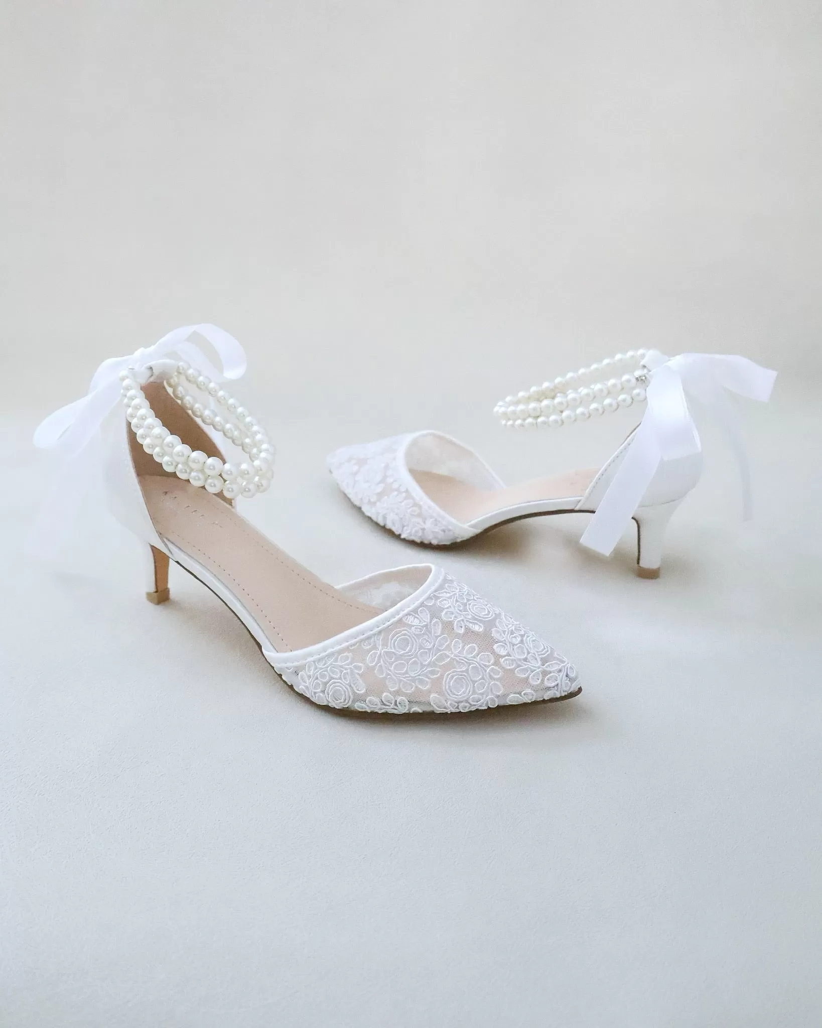 Crochet Lace Pointy Toe Wedding Low Heels with Double Pearl Strap