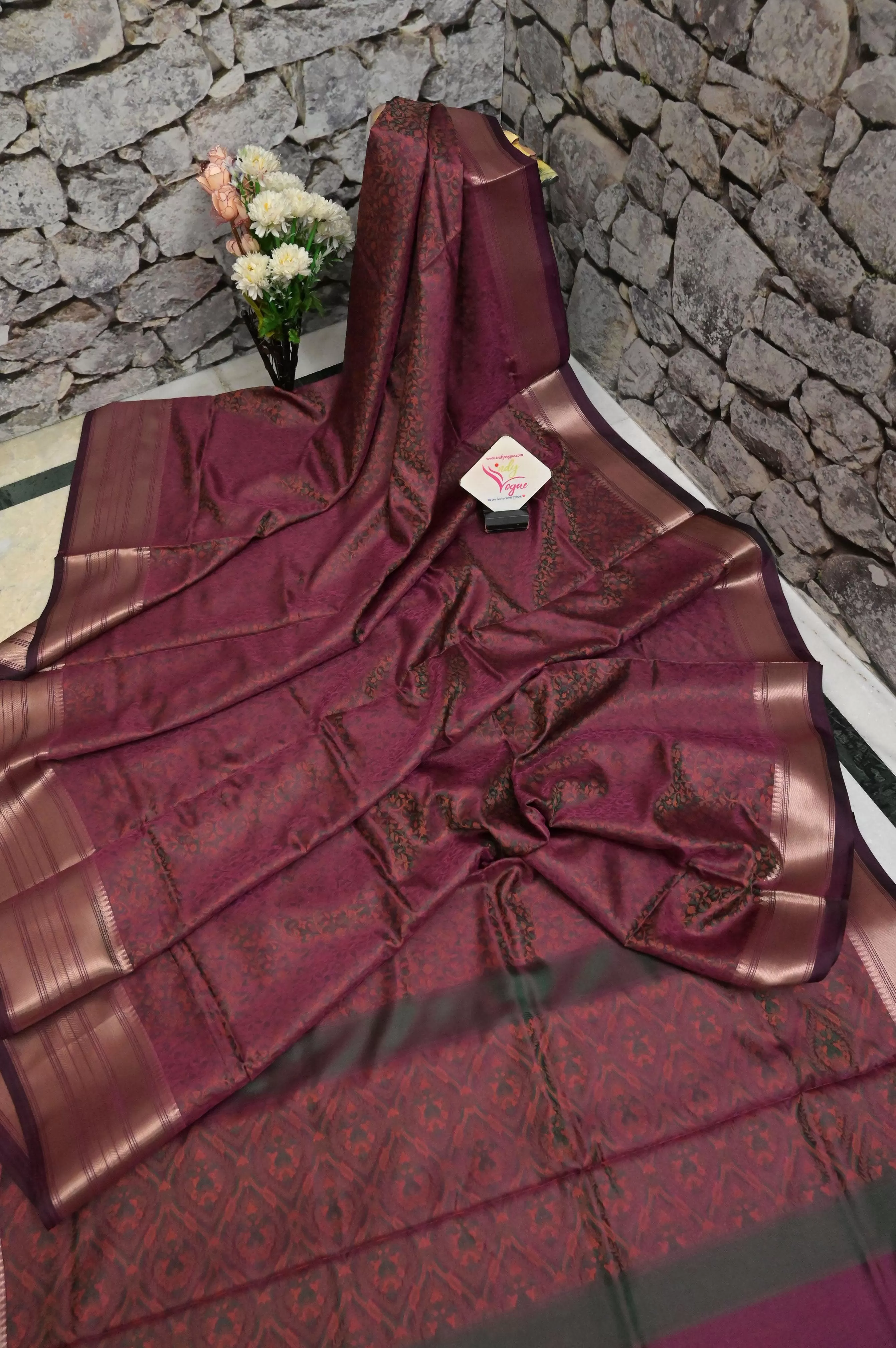 Dark Beetroot Color Tanchoi Banarasi Saree with Self Weaving Work