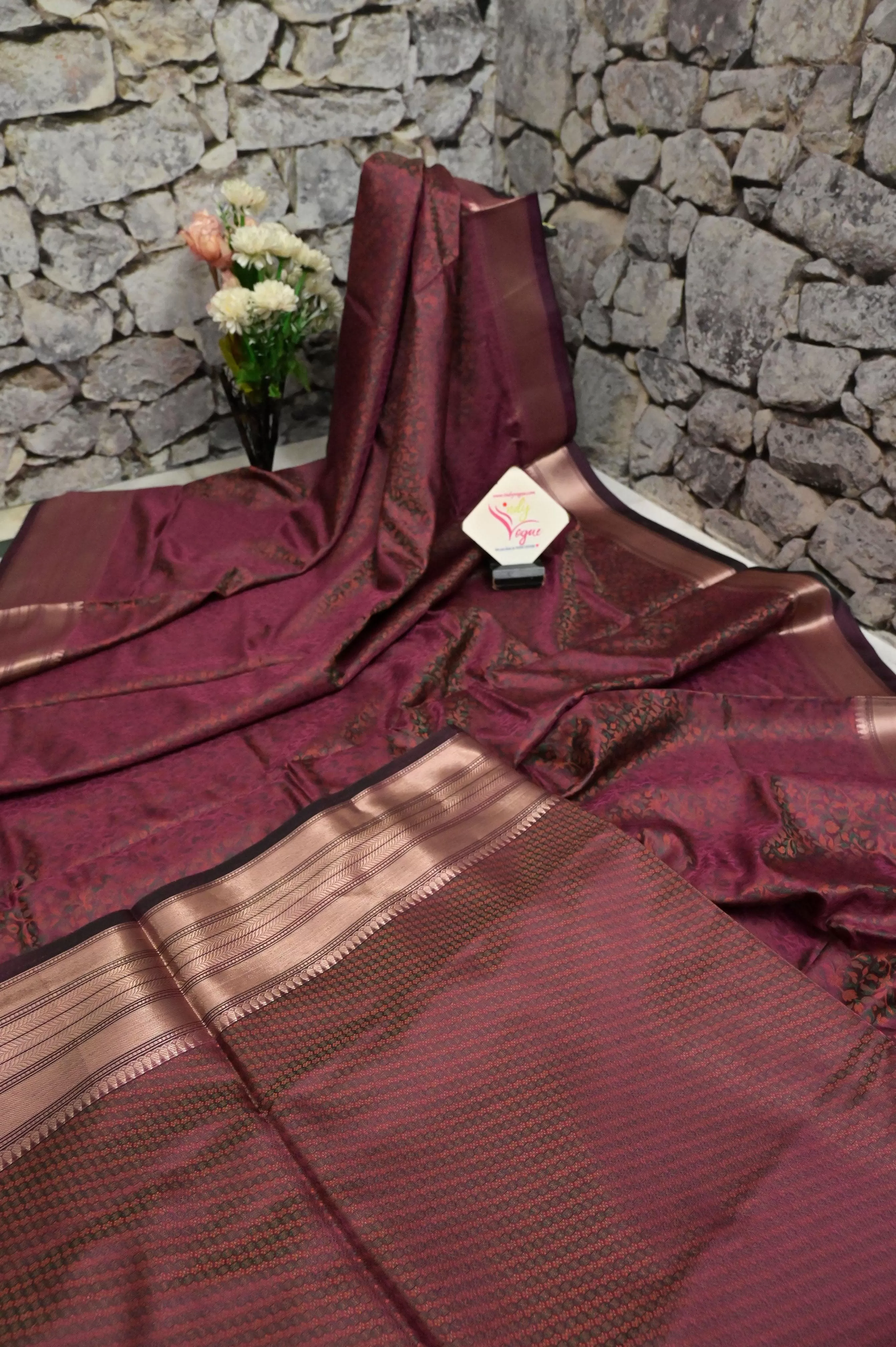 Dark Beetroot Color Tanchoi Banarasi Saree with Self Weaving Work