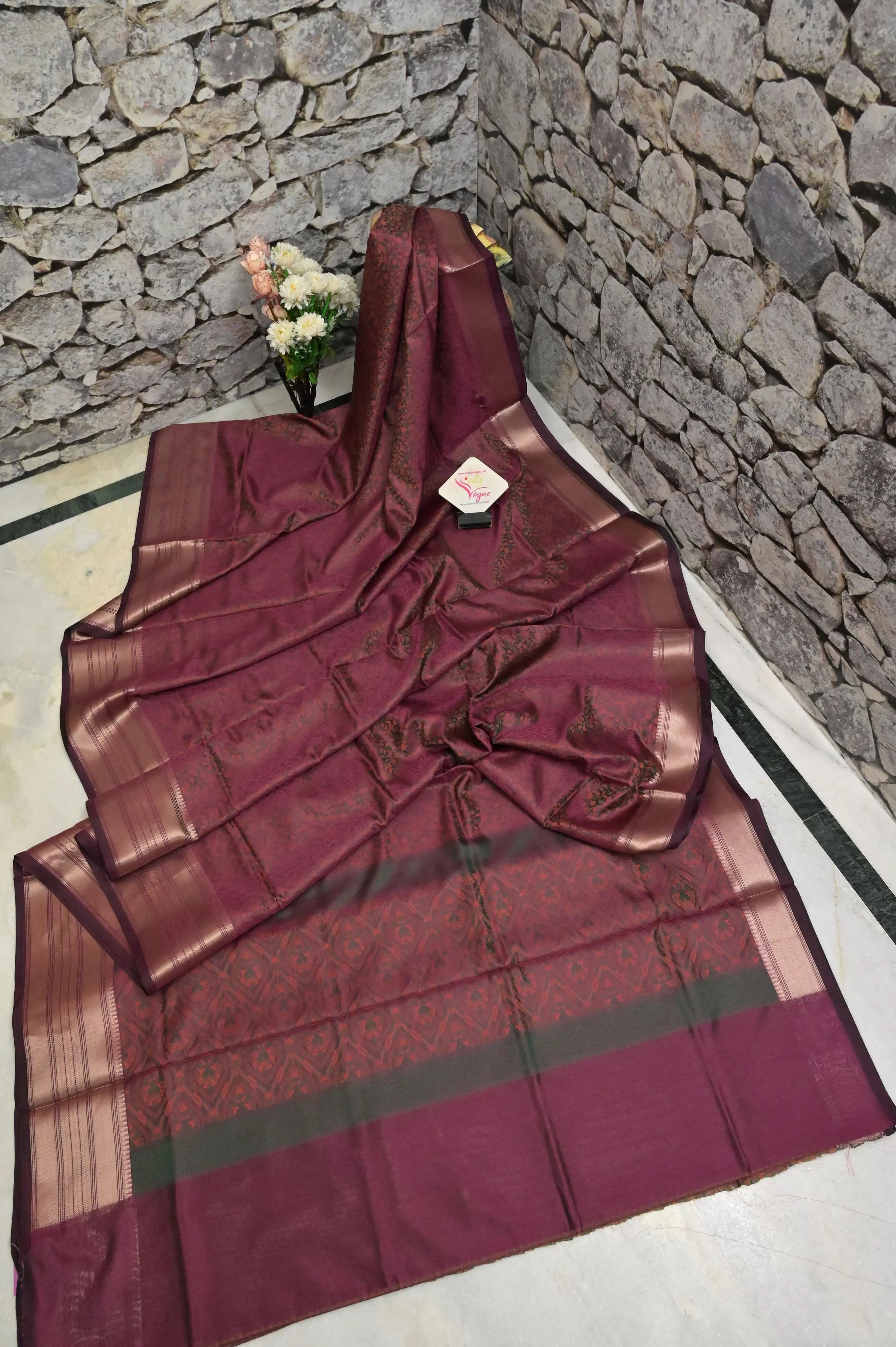 Dark Beetroot Color Tanchoi Banarasi Saree with Self Weaving Work