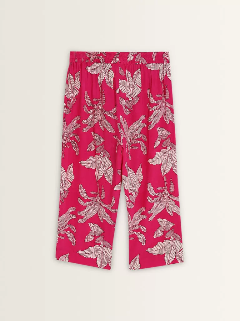 Diza Magenta Foliage Printed High-Rise Cotton Ethnic Pants