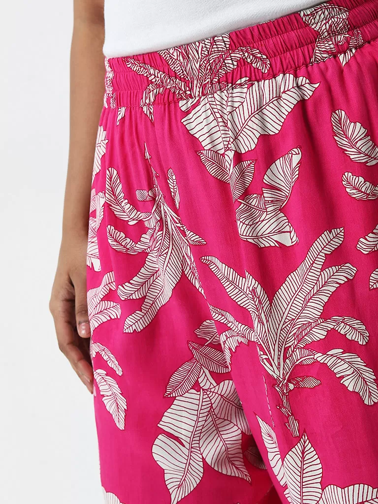 Diza Magenta Foliage Printed High-Rise Cotton Ethnic Pants