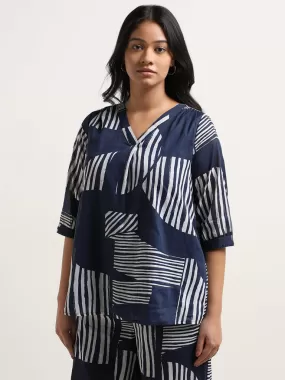 Gia Navy Abstract Print Cotton Blouse