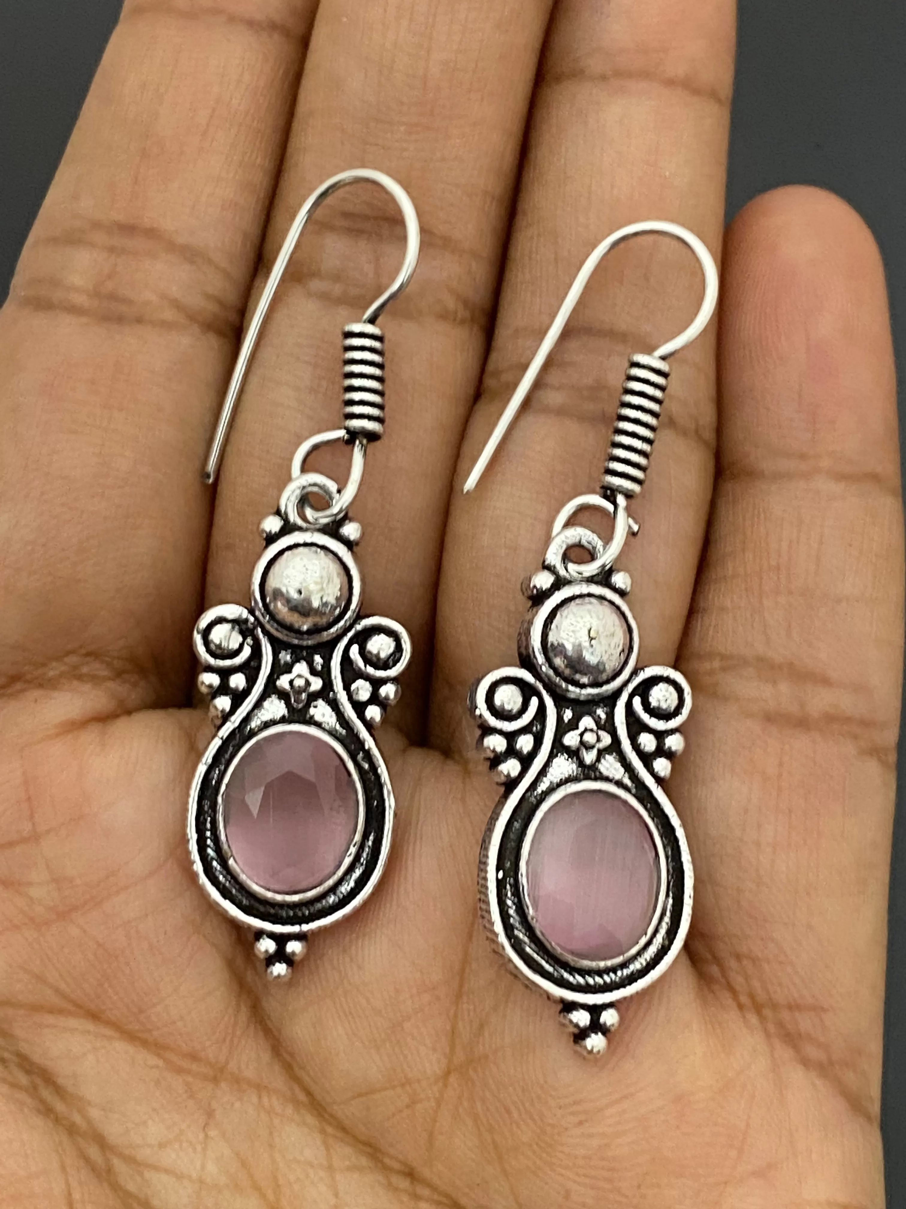 Gorgeous Light Pink Stone Beaded Round Shaped German Silver Plated Oxidized Earrings