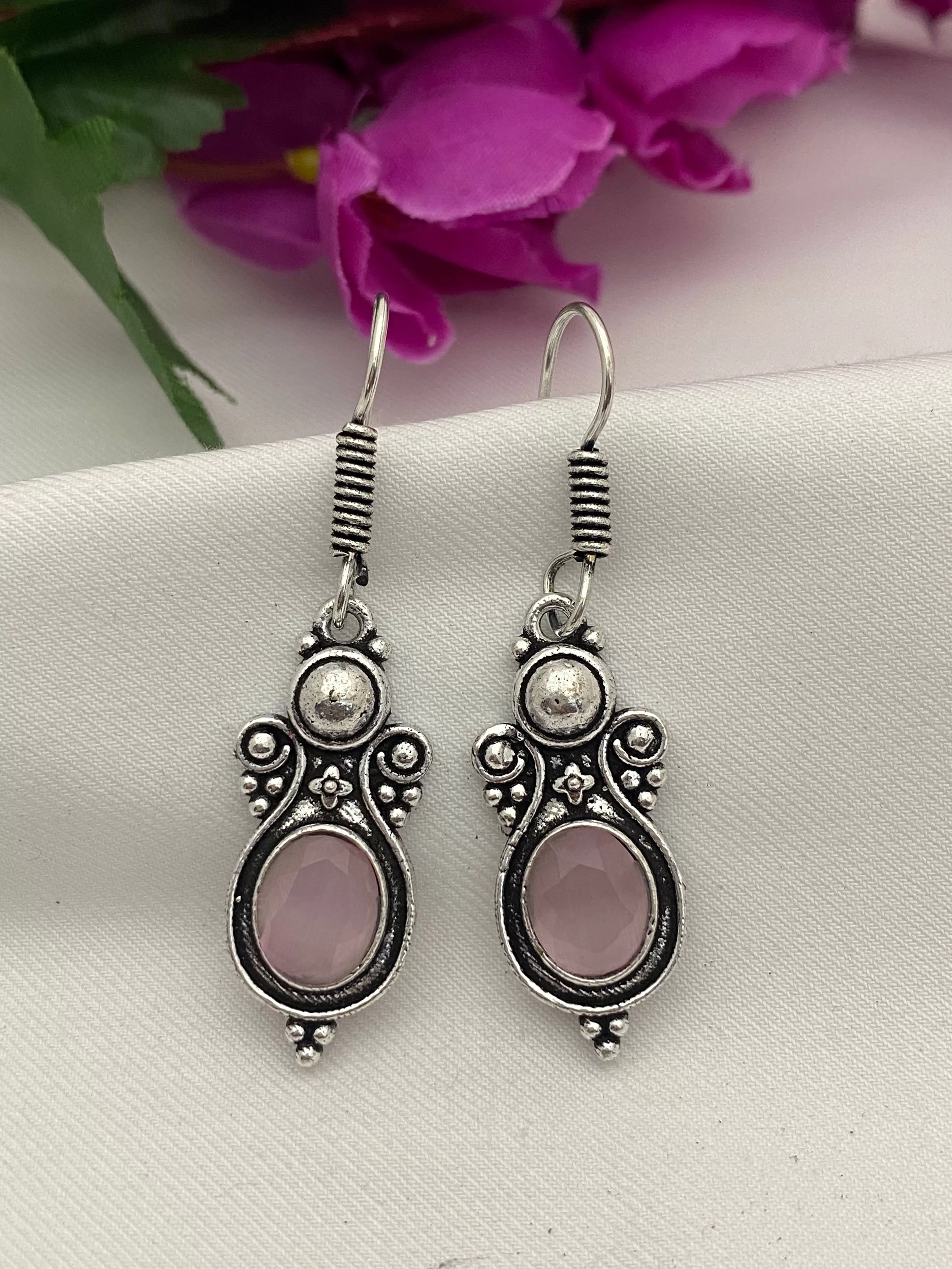 Gorgeous Light Pink Stone Beaded Round Shaped German Silver Plated Oxidized Earrings