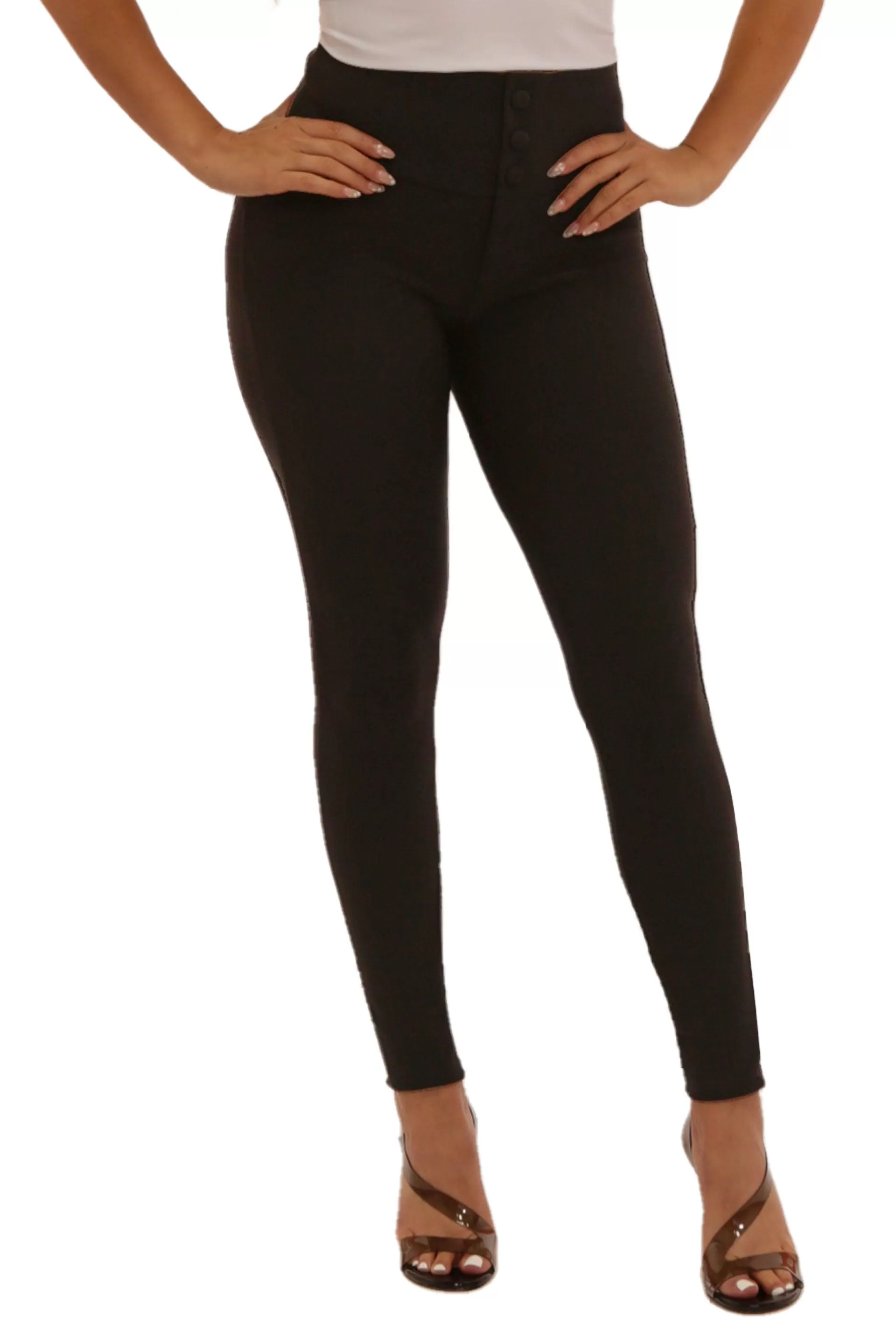 High Waist Treggings With Button-Fly Detail - Black