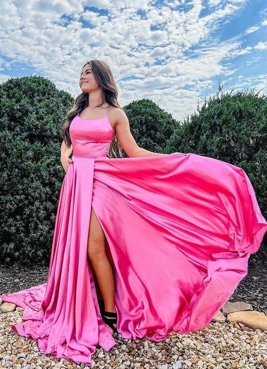 Hot Pink Prom Dress Slit Skirt,  Formal Ball Dress, Evening Dress, Dance Dresses, School Party Gown, PC0960