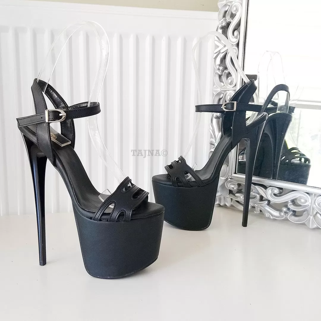 Laser Black Super High Heel Platform Sandals