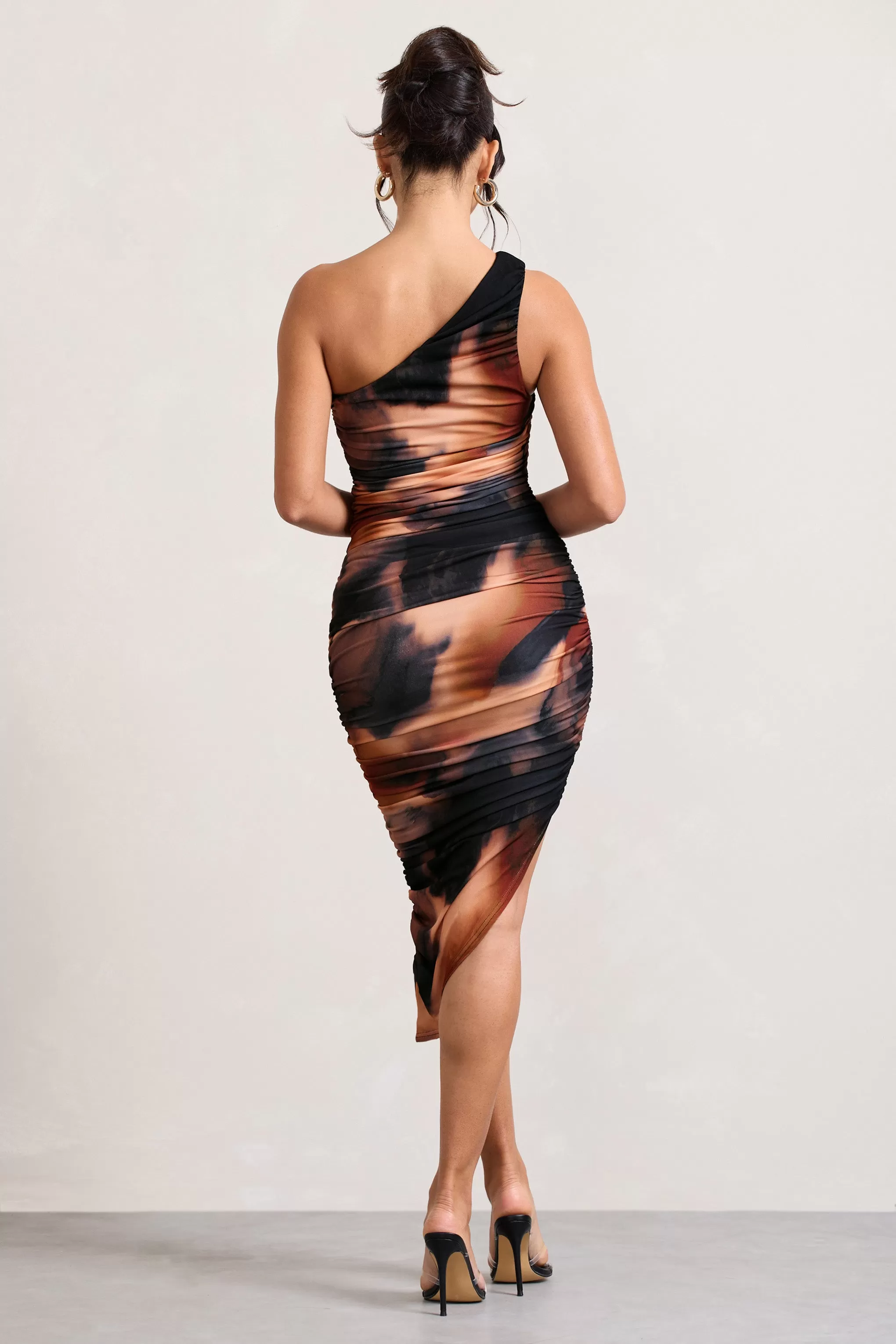 Late Night | Orange Smoke Print Asymmetric One Shoulder Ruched Midi Dress