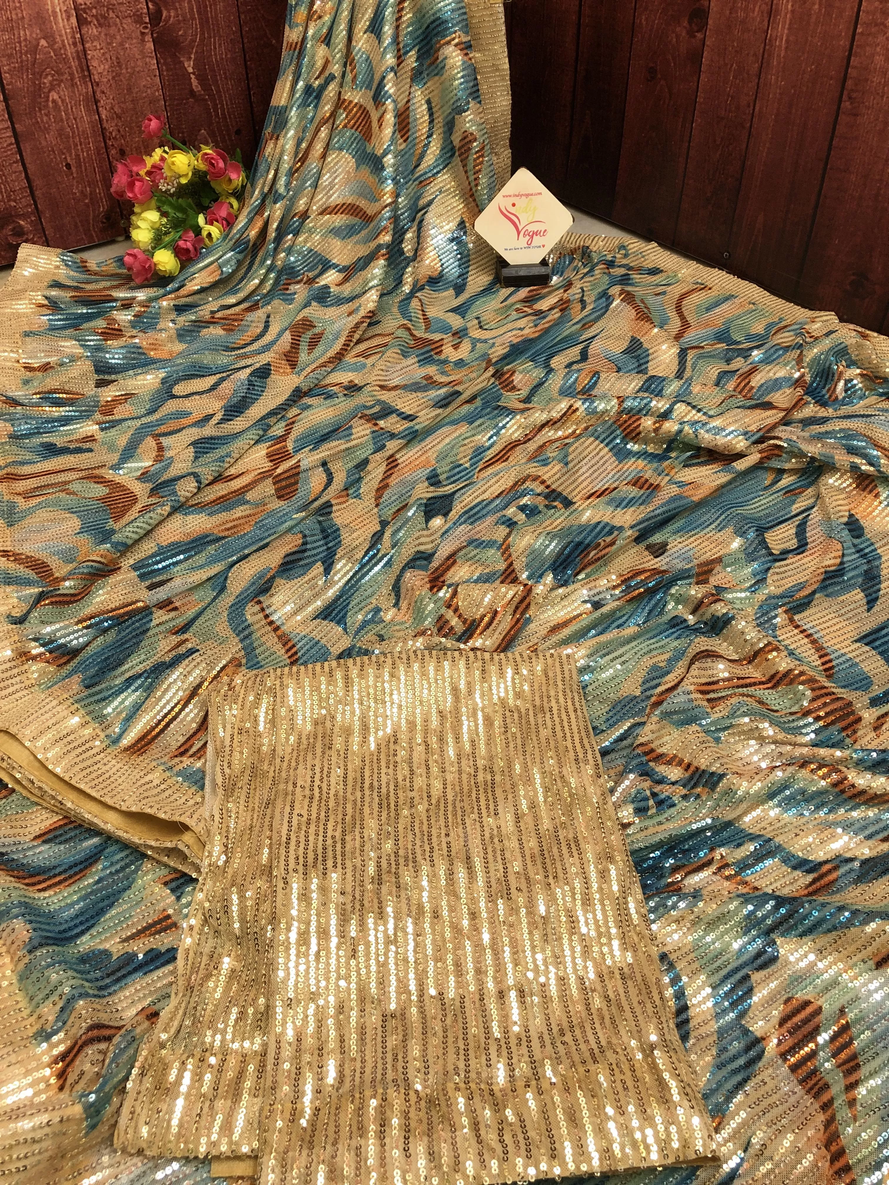 Light Sandalwood Color Designer Net Saree with Sequin Work and Digital Print