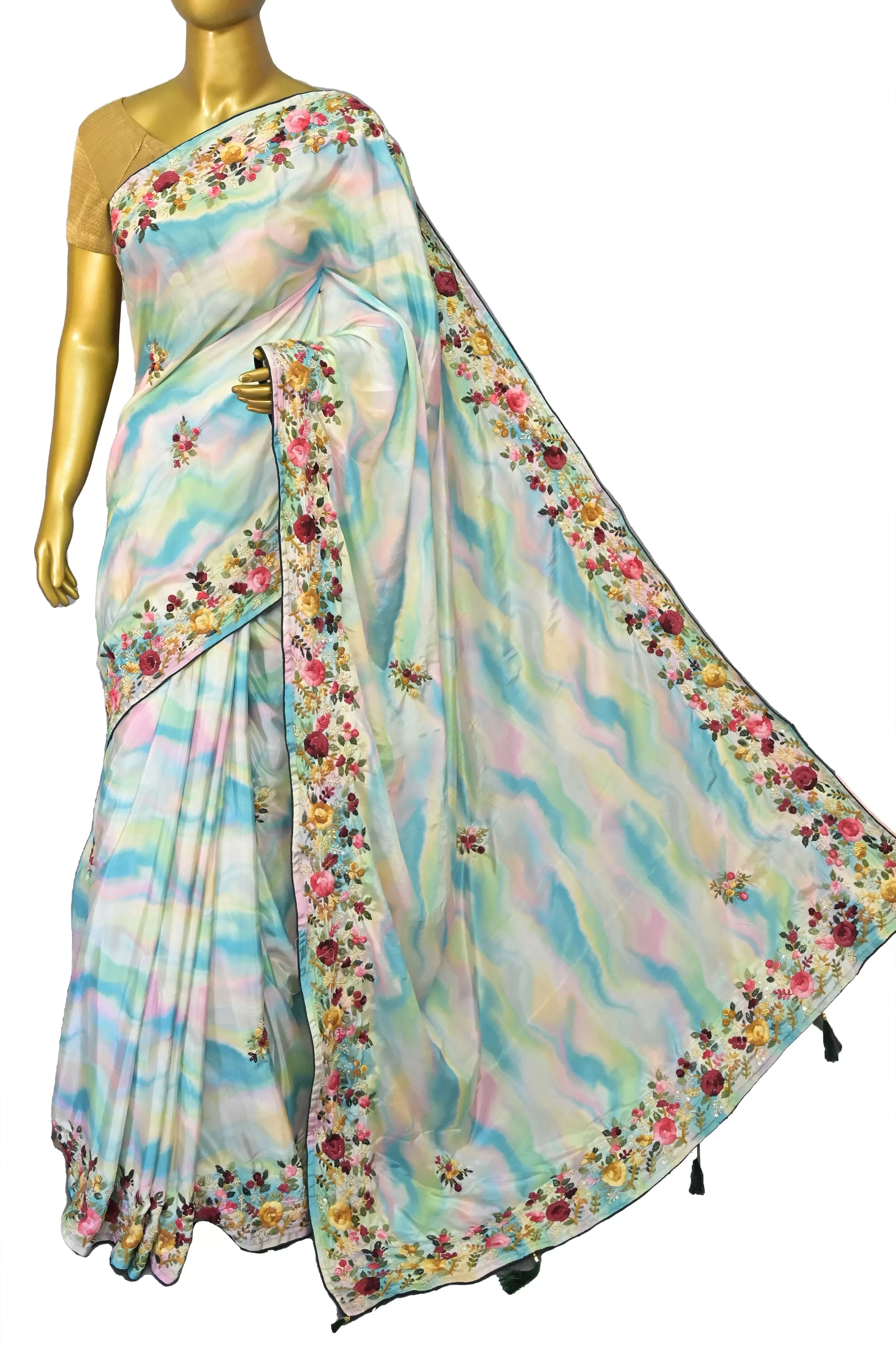 Multicolored Satin Silk Saree with Shibori Dye and Hand Parsi Embroidery