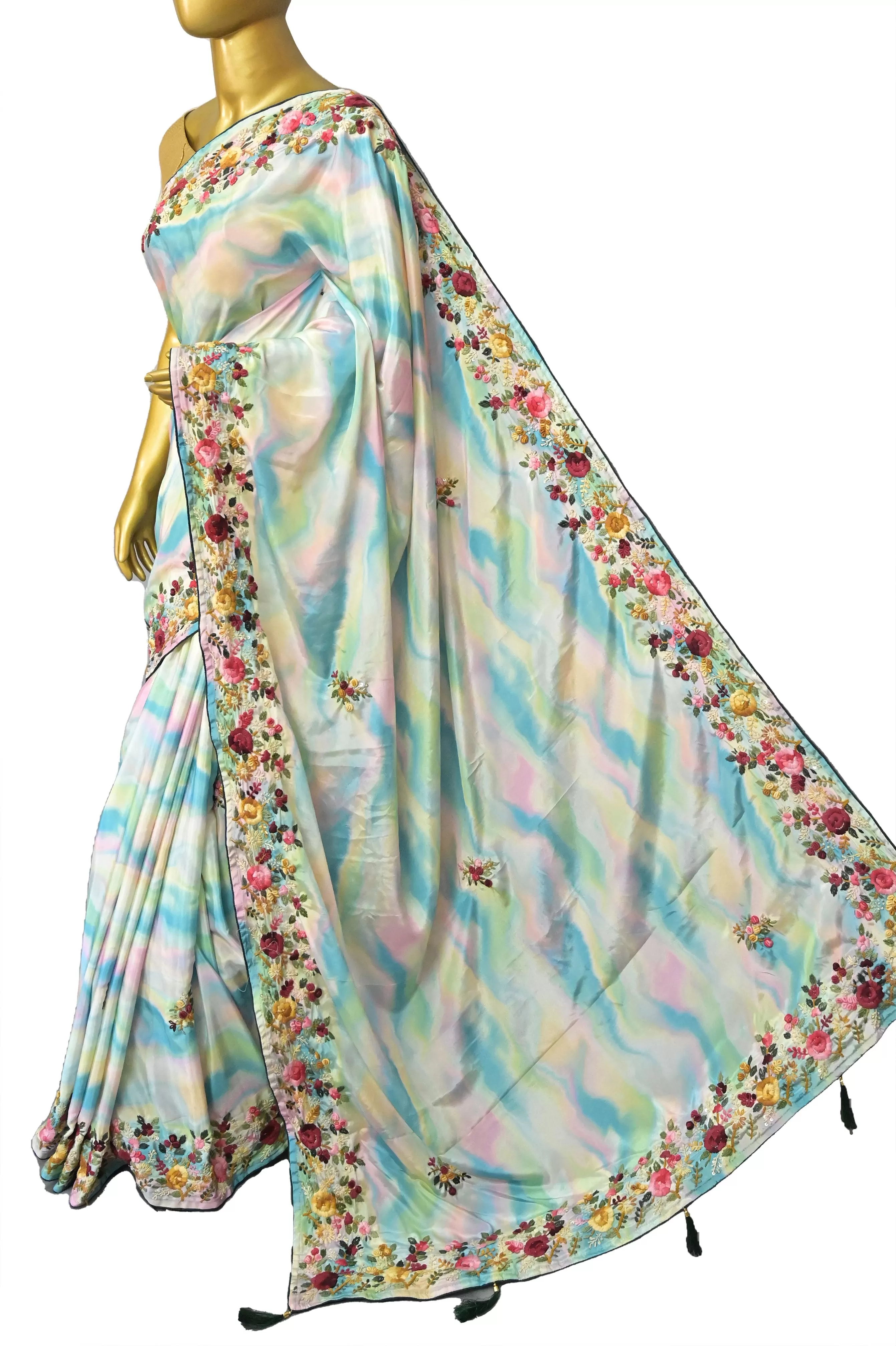 Multicolored Satin Silk Saree with Shibori Dye and Hand Parsi Embroidery