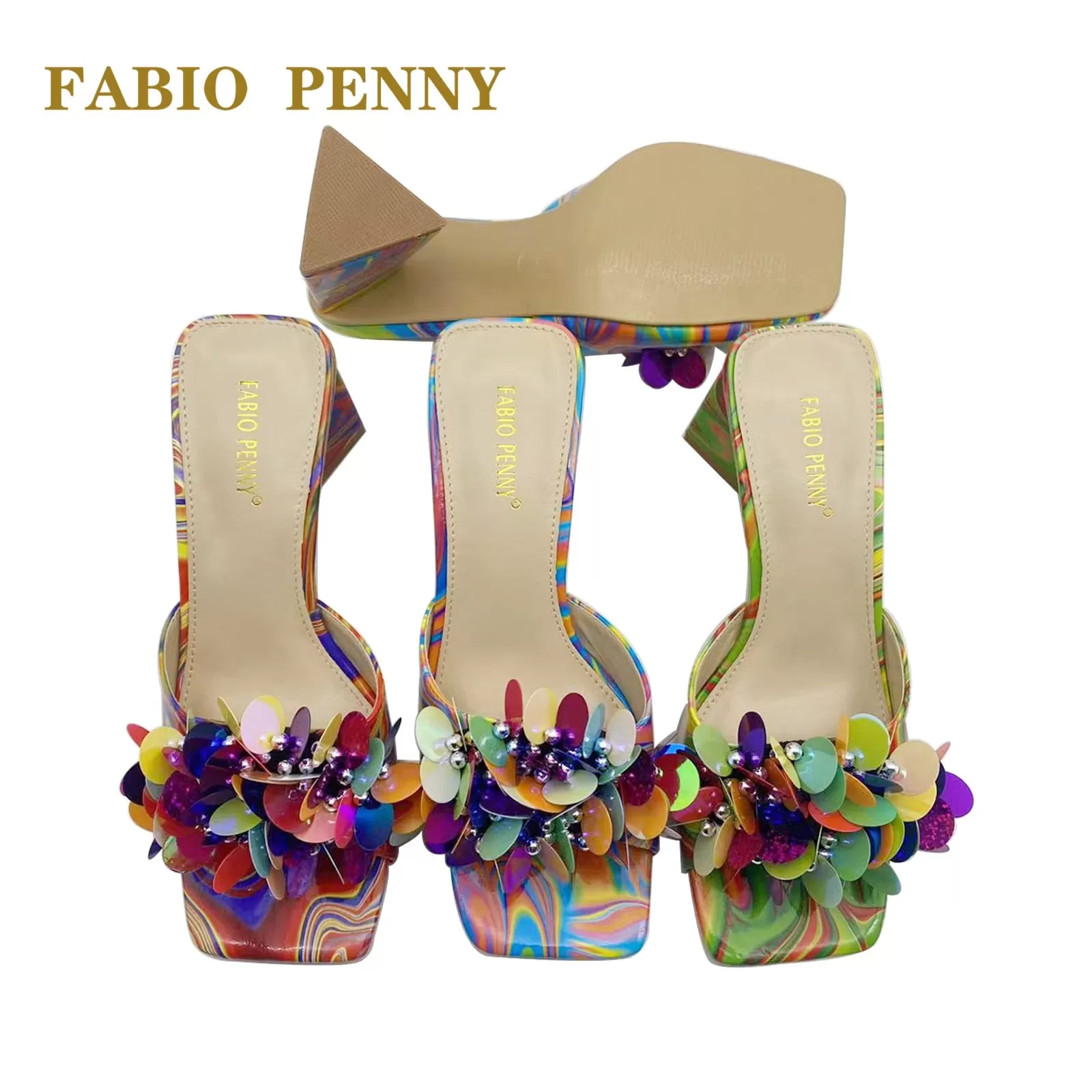 New multicolor medium heel sequin slipper casual banquet fashion party slipper Italian shoes