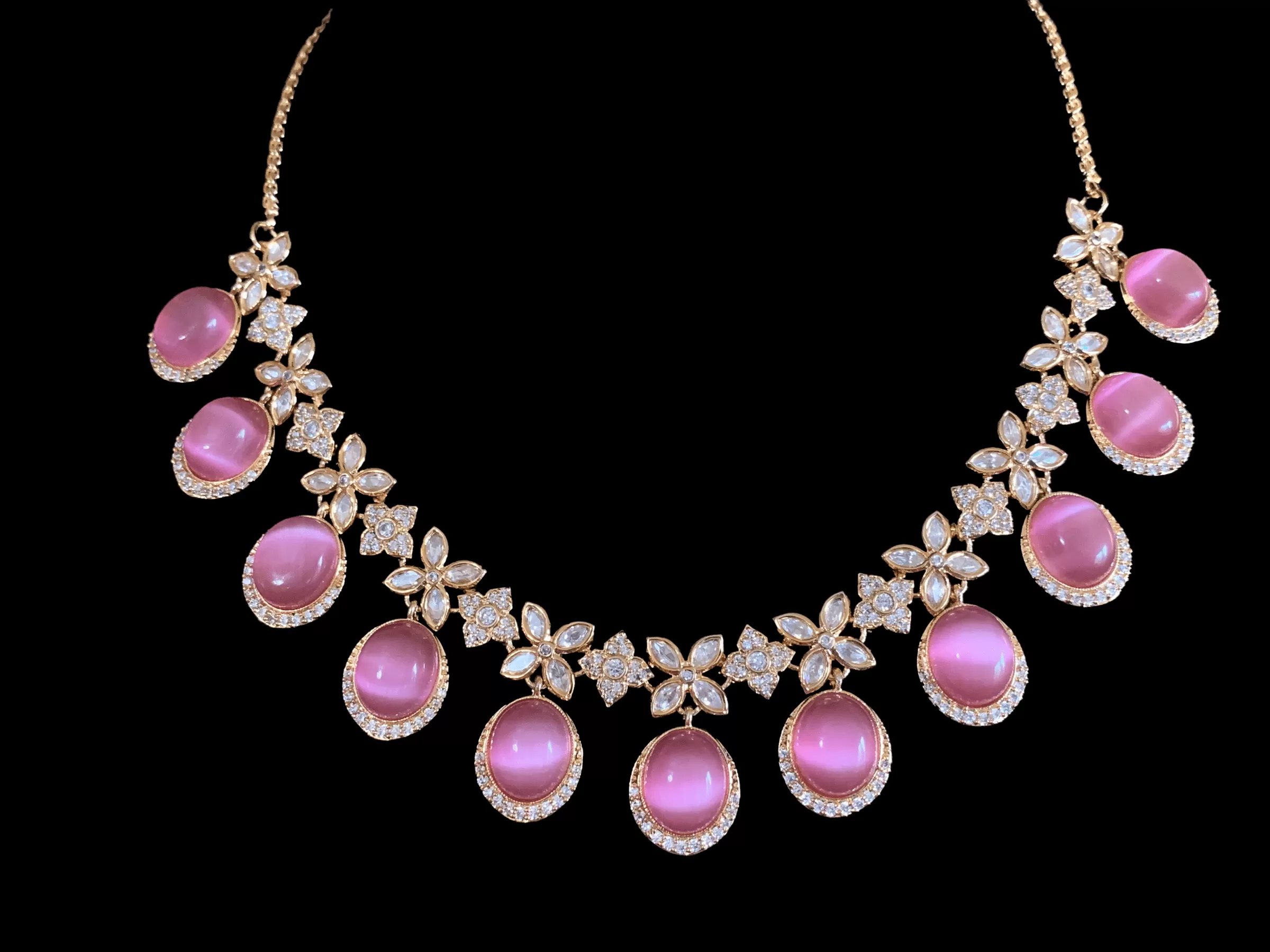 NS347 Gold plated high quality cz polki necklace with earrings - pink   ( READY TO SHIP)