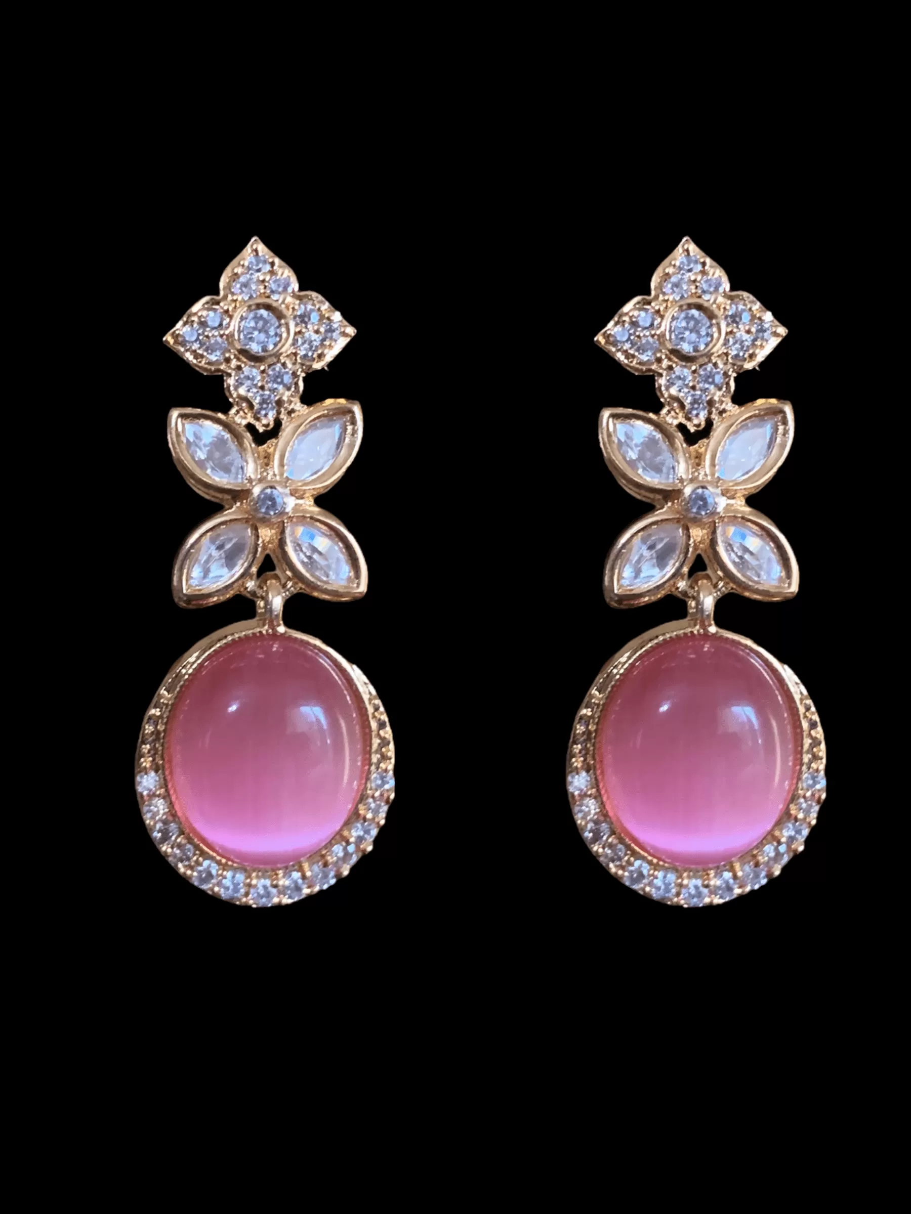 NS347 Gold plated high quality cz polki necklace with earrings - pink   ( READY TO SHIP)