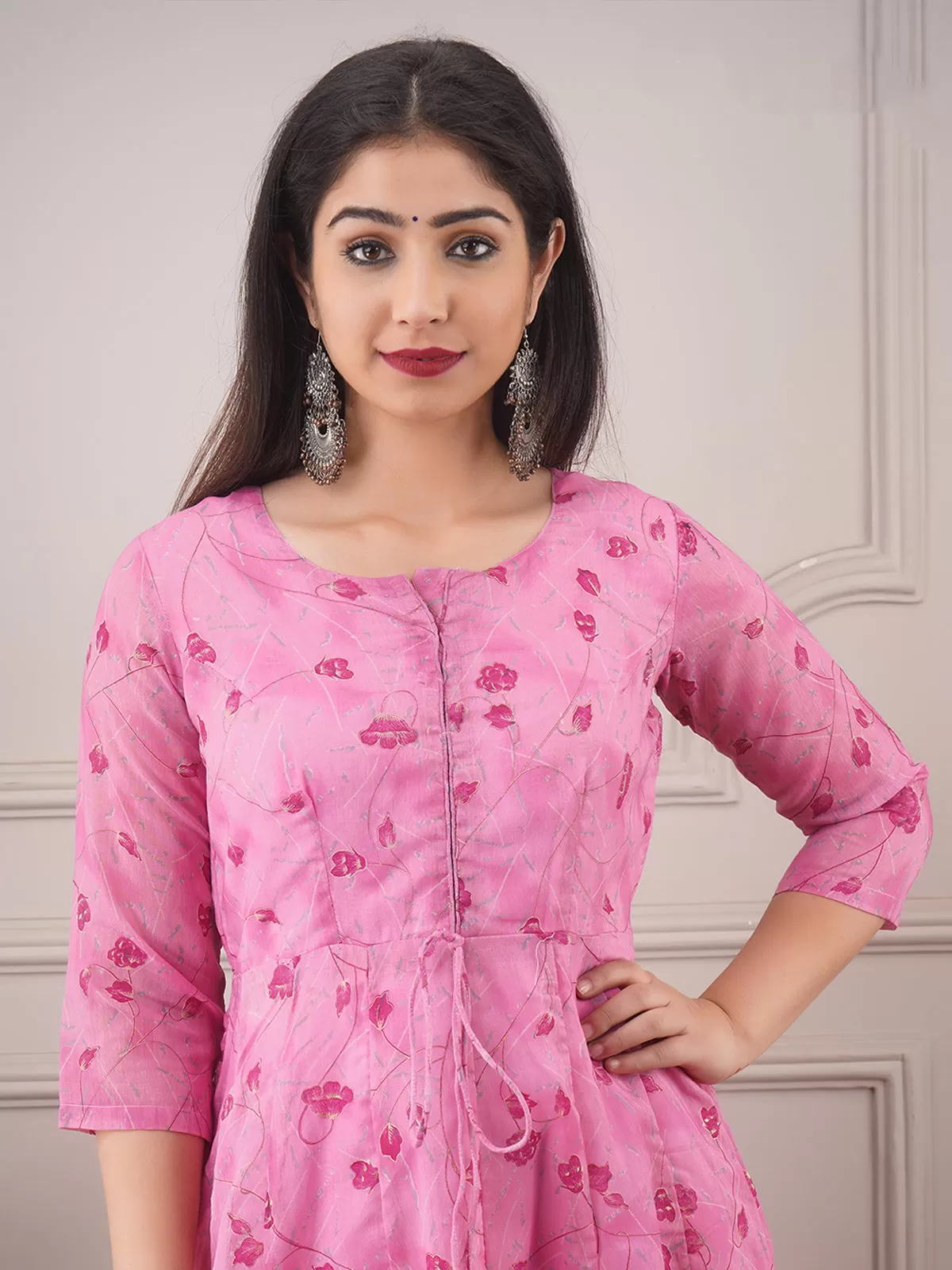 Odette Pink Chanderi Printed Stitched Gown for Women