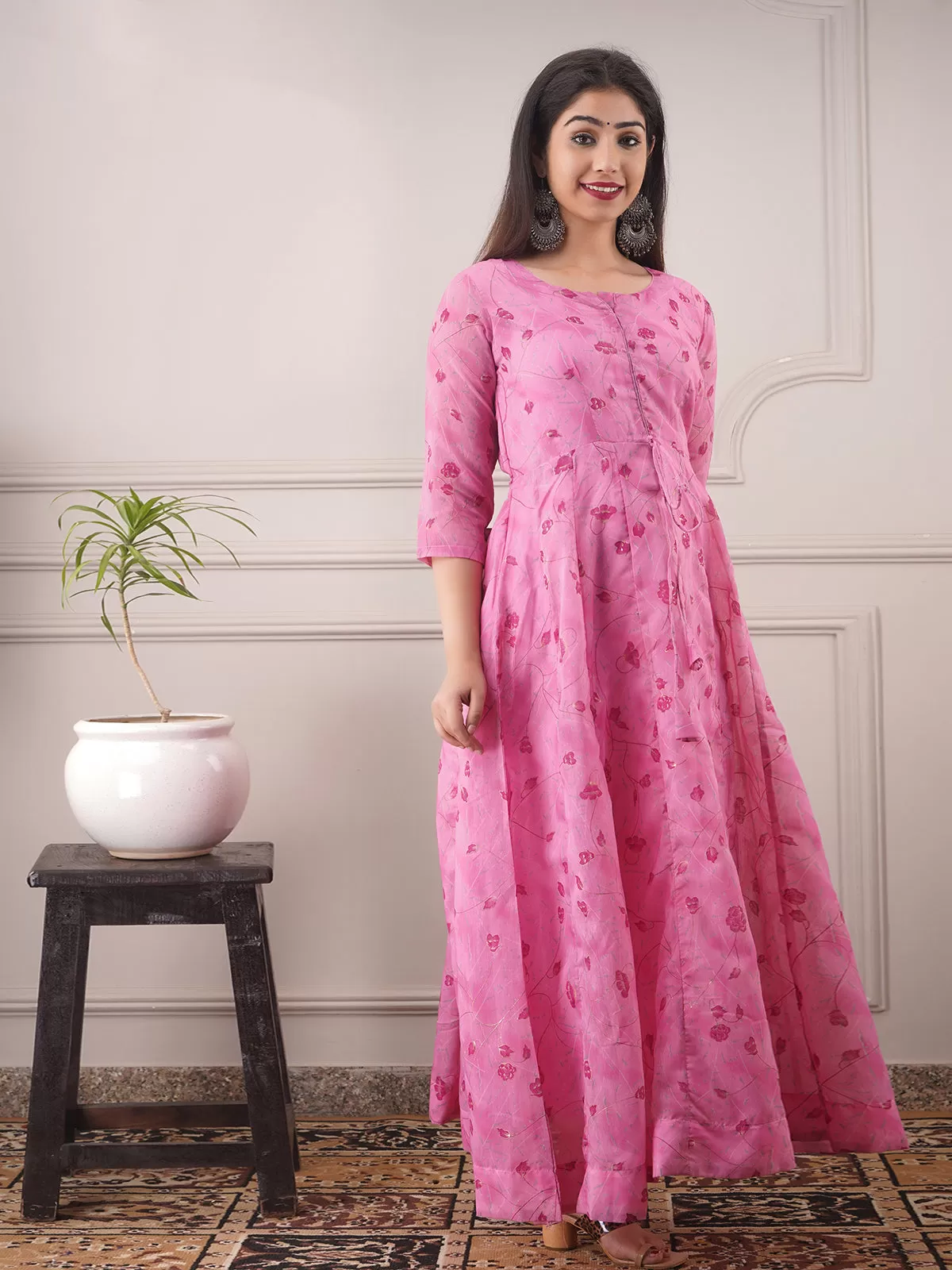 Odette Pink Chanderi Printed Stitched Gown for Women