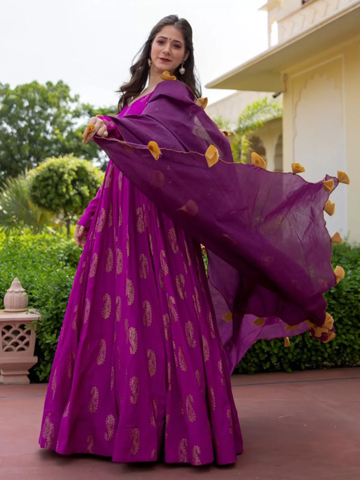 Odette Purple Rayon Gold Foil Work Gown with Dupatta for Women