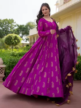 Odette Purple Rayon Gold Foil Work Gown with Dupatta for Women