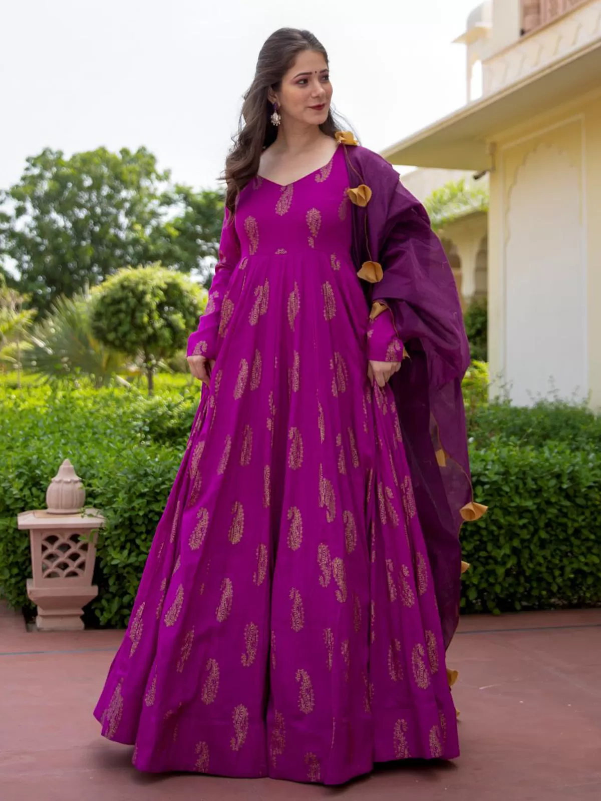 Odette Purple Rayon Gold Foil Work Gown with Dupatta for Women