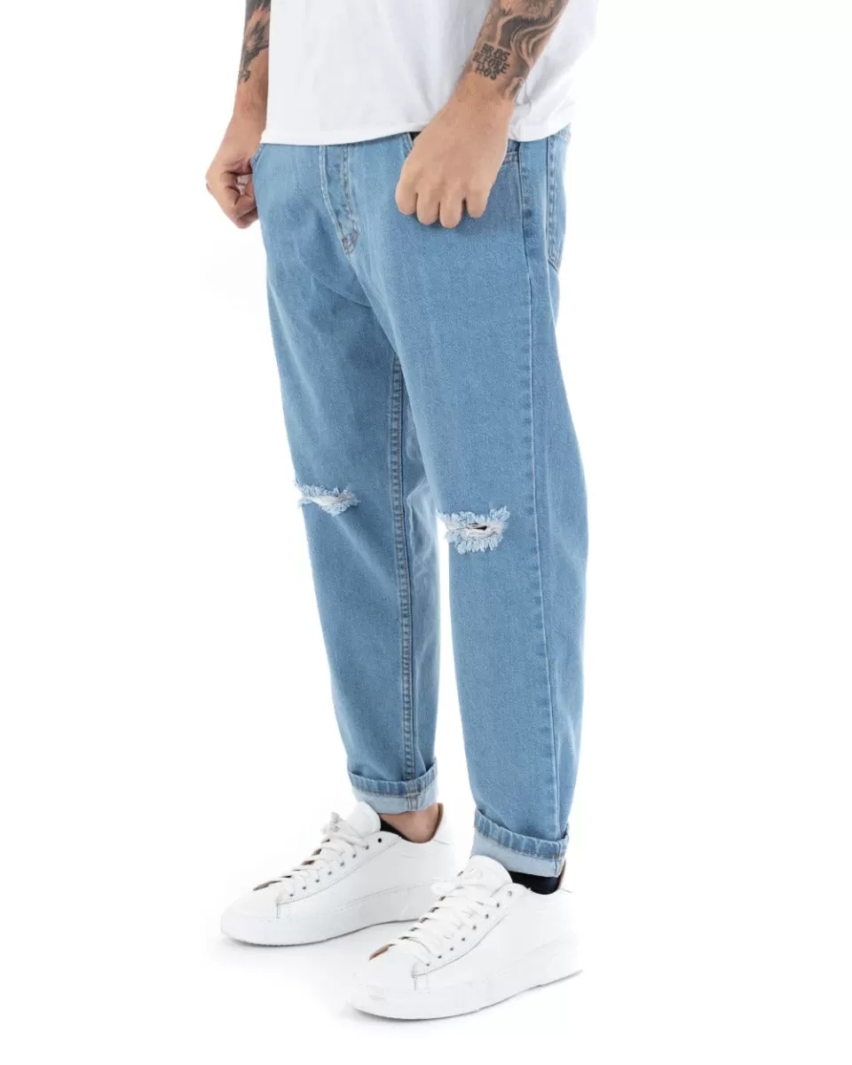 Pantaloni Jeans Uomo Loose Fit Denim Chiaro Con Rotture Cinque Tasche Casual GIOSAL-P5136A